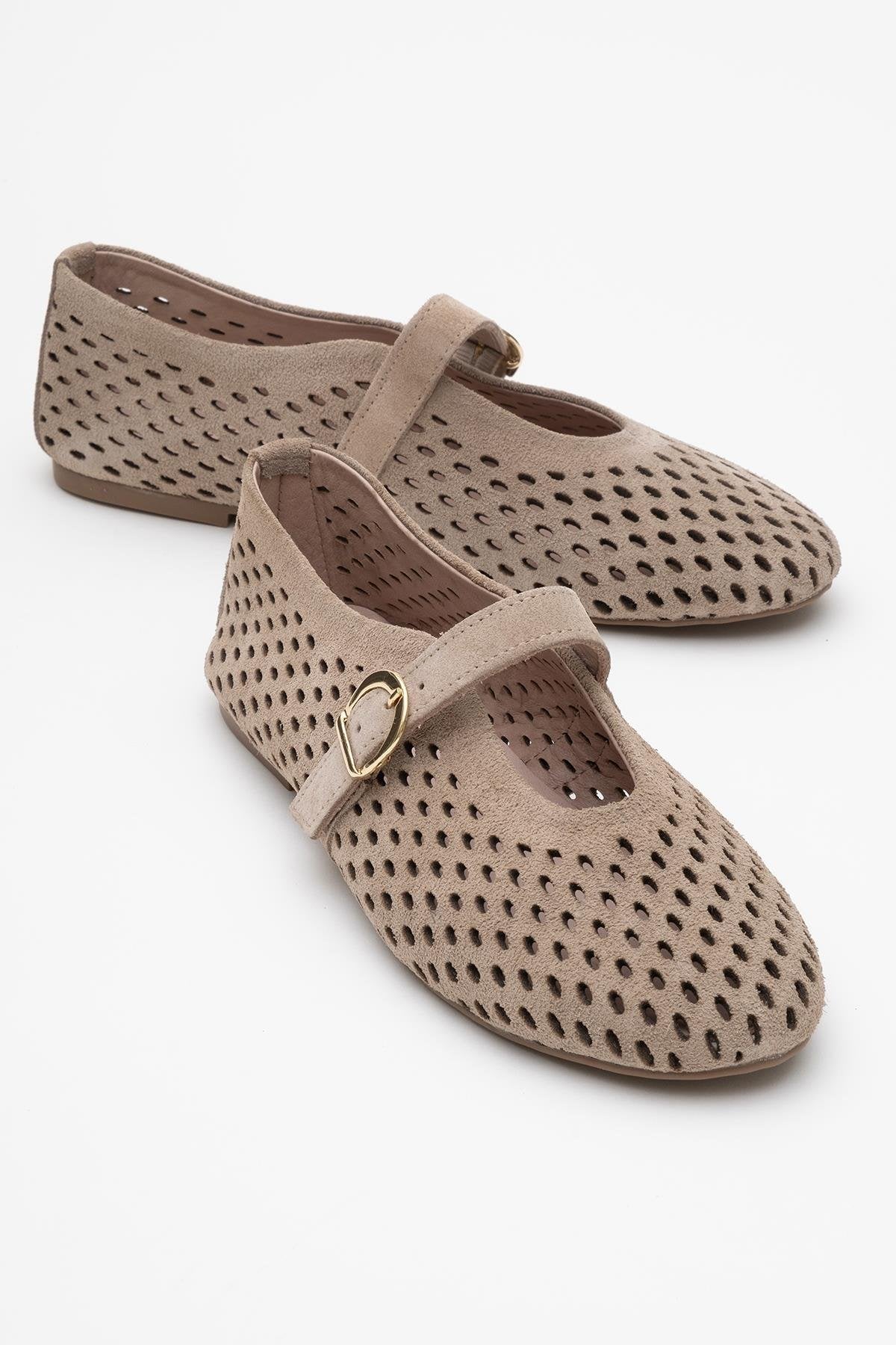 Arian Beige Suede Leather Ballet Flat – front three-quarter view showing leather, suede, red, Vowalisse