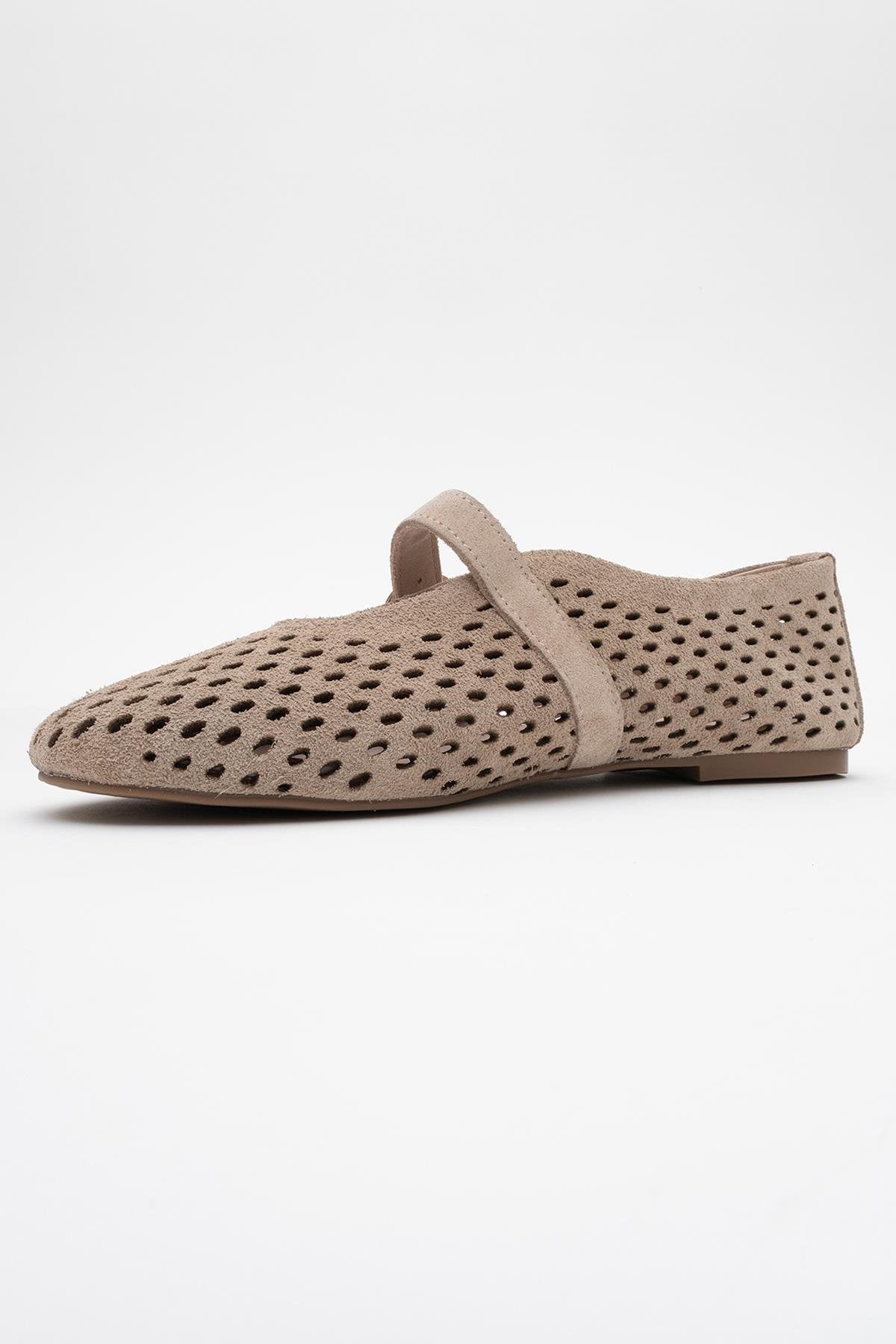 Arian Beige Suede Leather Ballet Flat – heel view showing leather, suede, red, Vowalisse