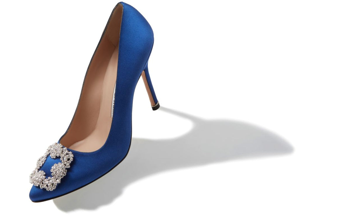 Elara Dream Blue Jewel Buckle Pumps – front three-quarter view showing blue jewel buckle, crystal buckle, almond toe, satin…