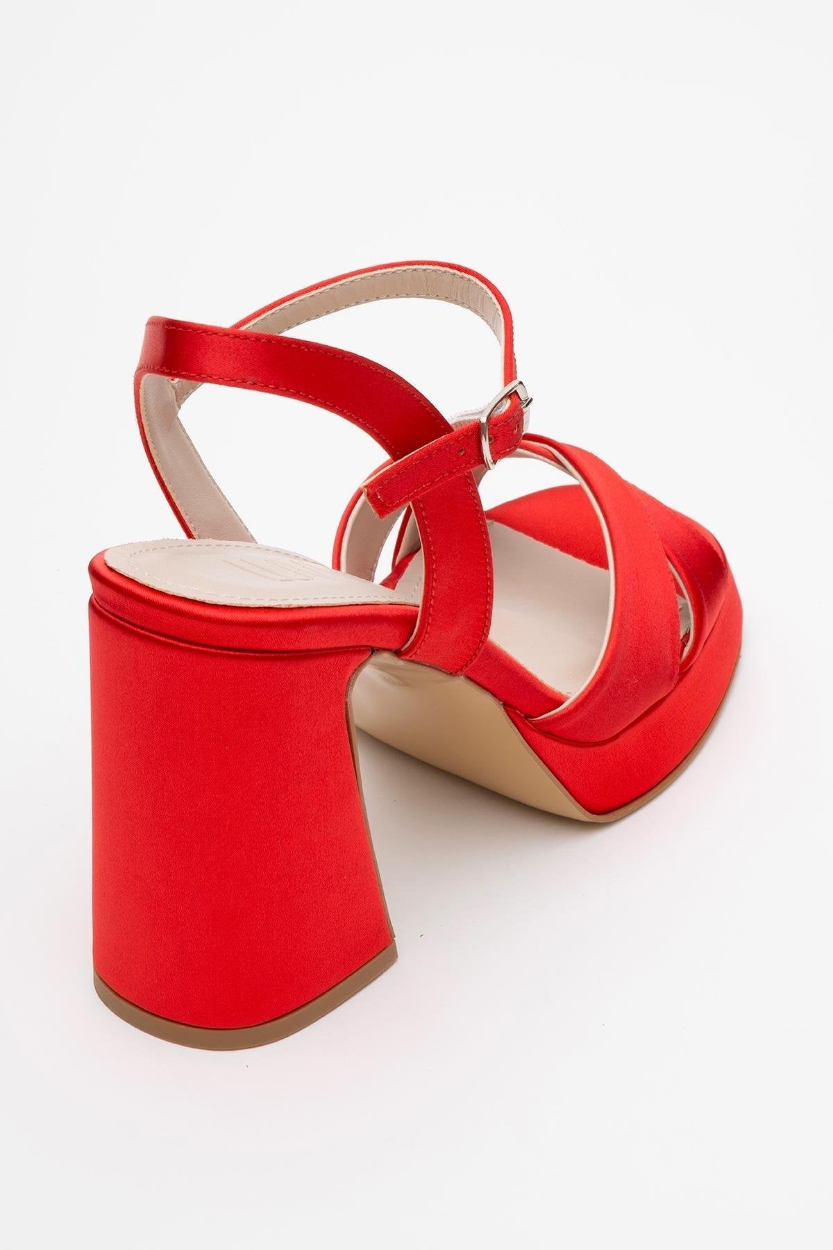 Lello - Red Satin Platform Heel Shoe – back view showing satin, leather, red, Vowalisse