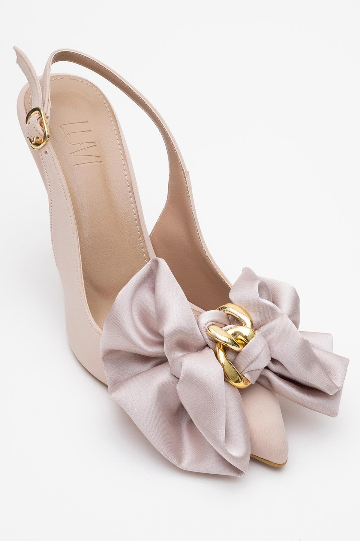 Noria - Beige Satin Floral Stiletto – detail view showing satin, leather, Vowalisse