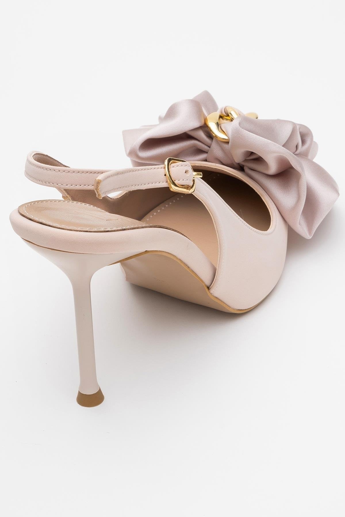 Noria - Beige Satin Floral Stiletto – back view showing satin, leather, Vowalisse