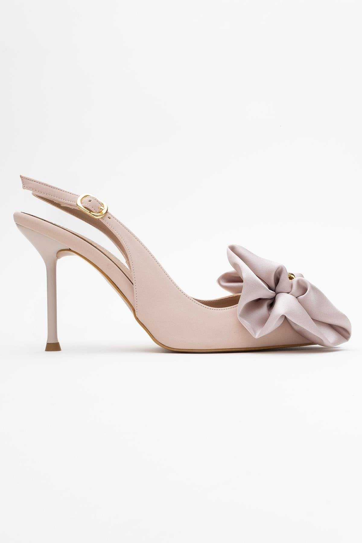 Noria - Beige Satin Floral Stiletto – top view showing satin, leather, Vowalisse