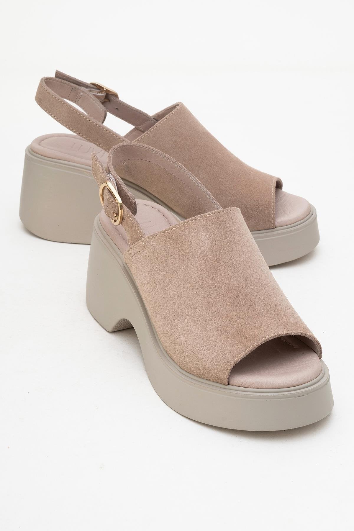 Power - Dark Beige Suede Leather Platform Wedges – front three-quarter view showing leather, suede, Vowalisse