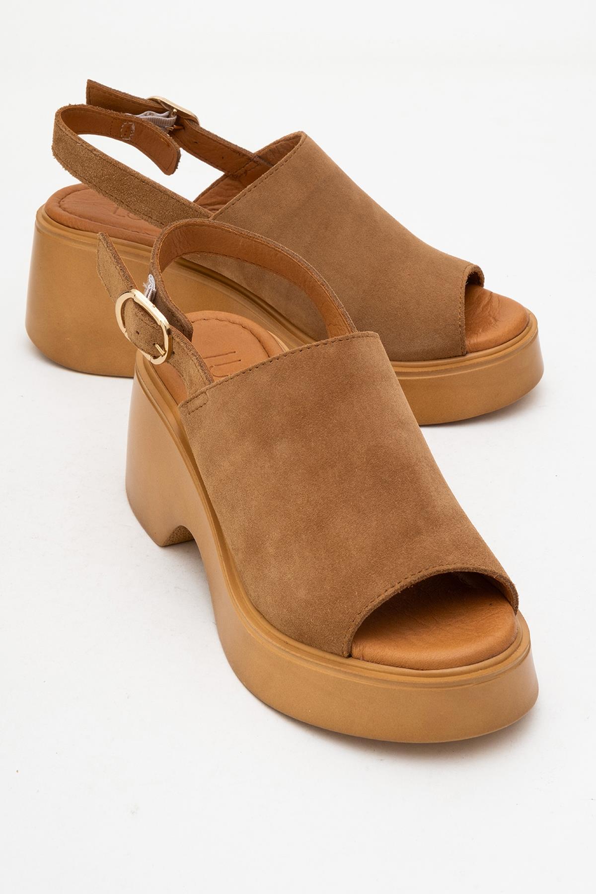 Power - Cognac Suede Leather Platform Wedges – front three-quarter view showing leather, suede, Vowalisse