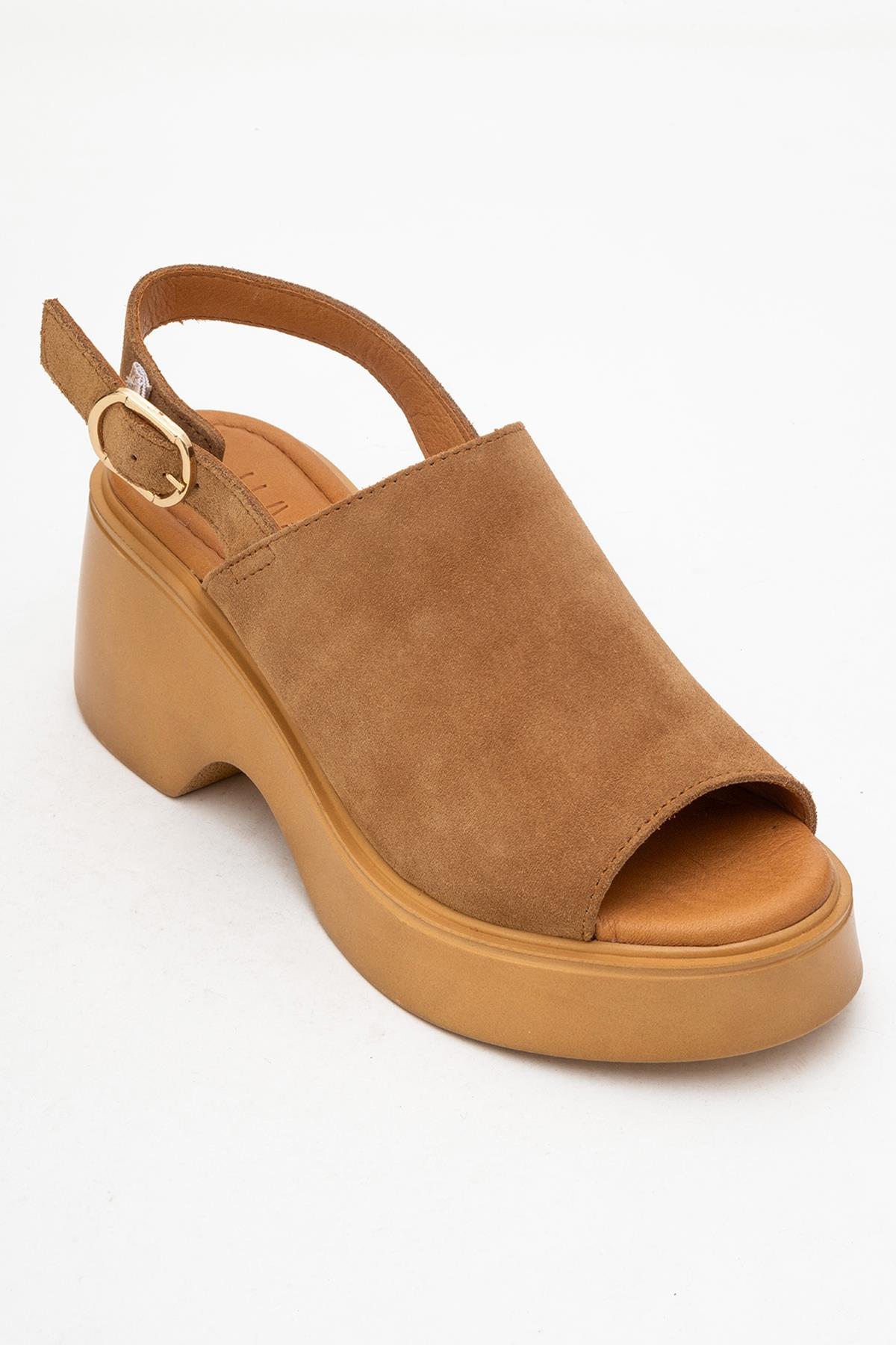 Power - Cognac Suede Leather Platform Wedges – detail view showing leather, suede, Vowalisse