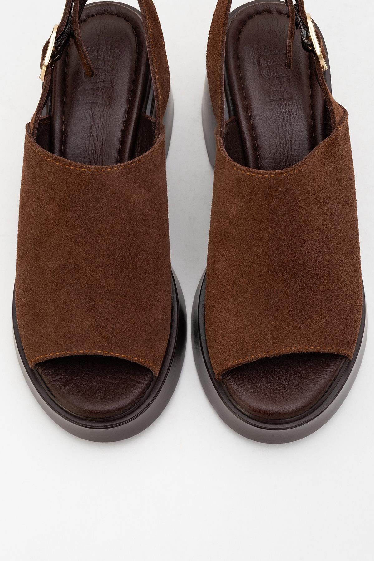 Power - Brown Suede Leather Platform Wedges – side view showing leather, suede, Vowalisse