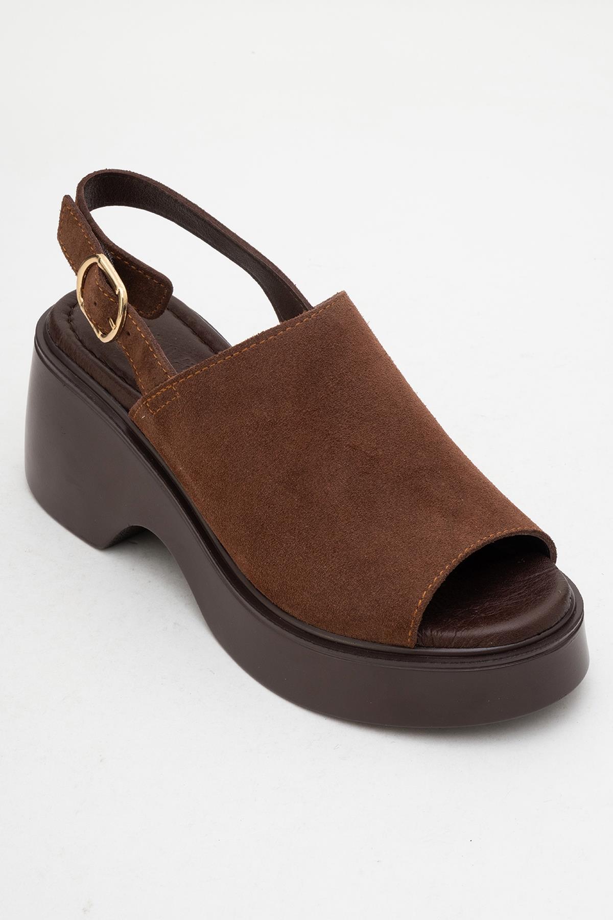 Power - Brown Suede Leather Platform Wedges – detail view showing leather, suede, Vowalisse