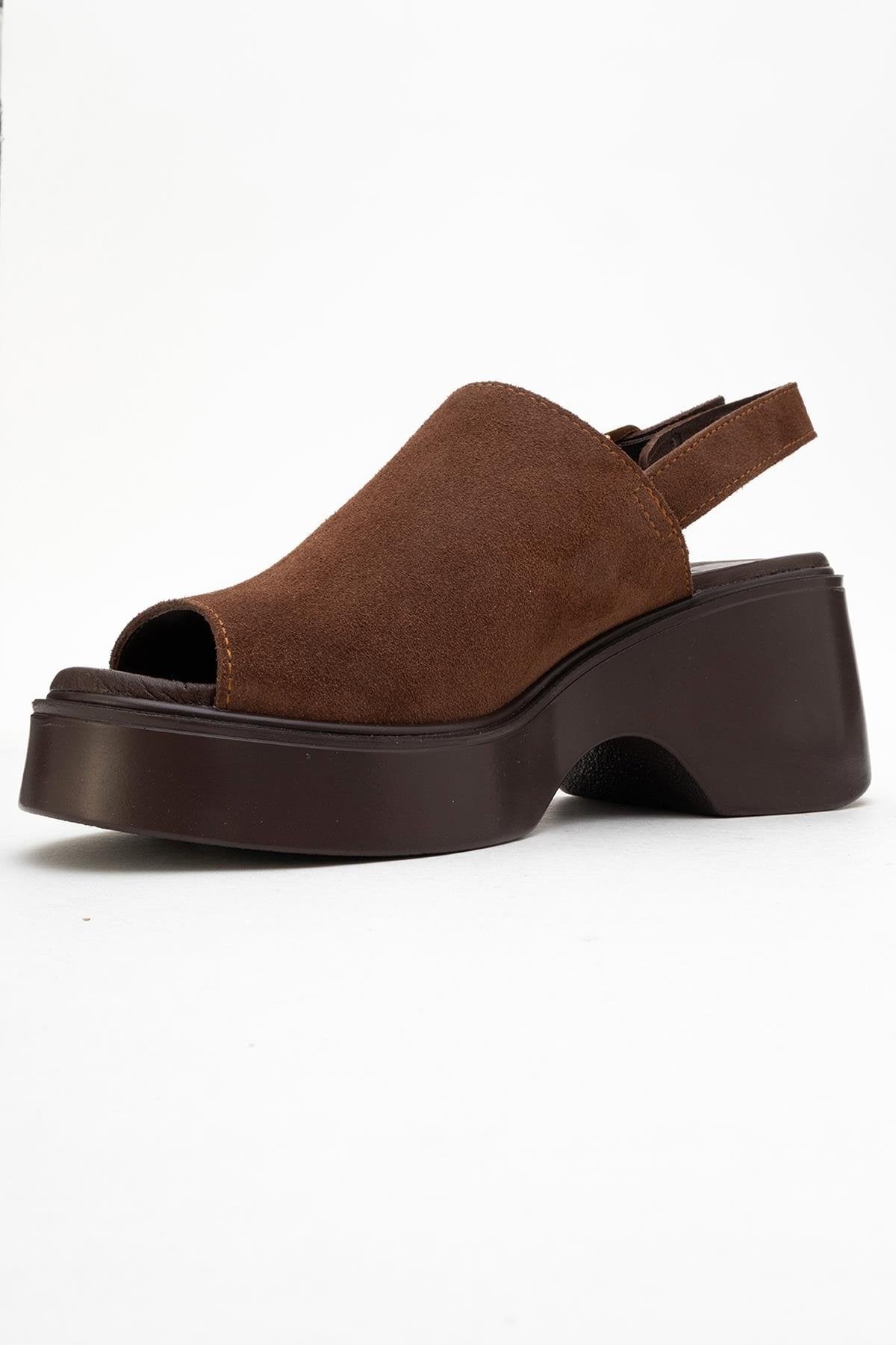 Power - Brown Suede Leather Platform Wedges – heel view showing leather, suede, Vowalisse