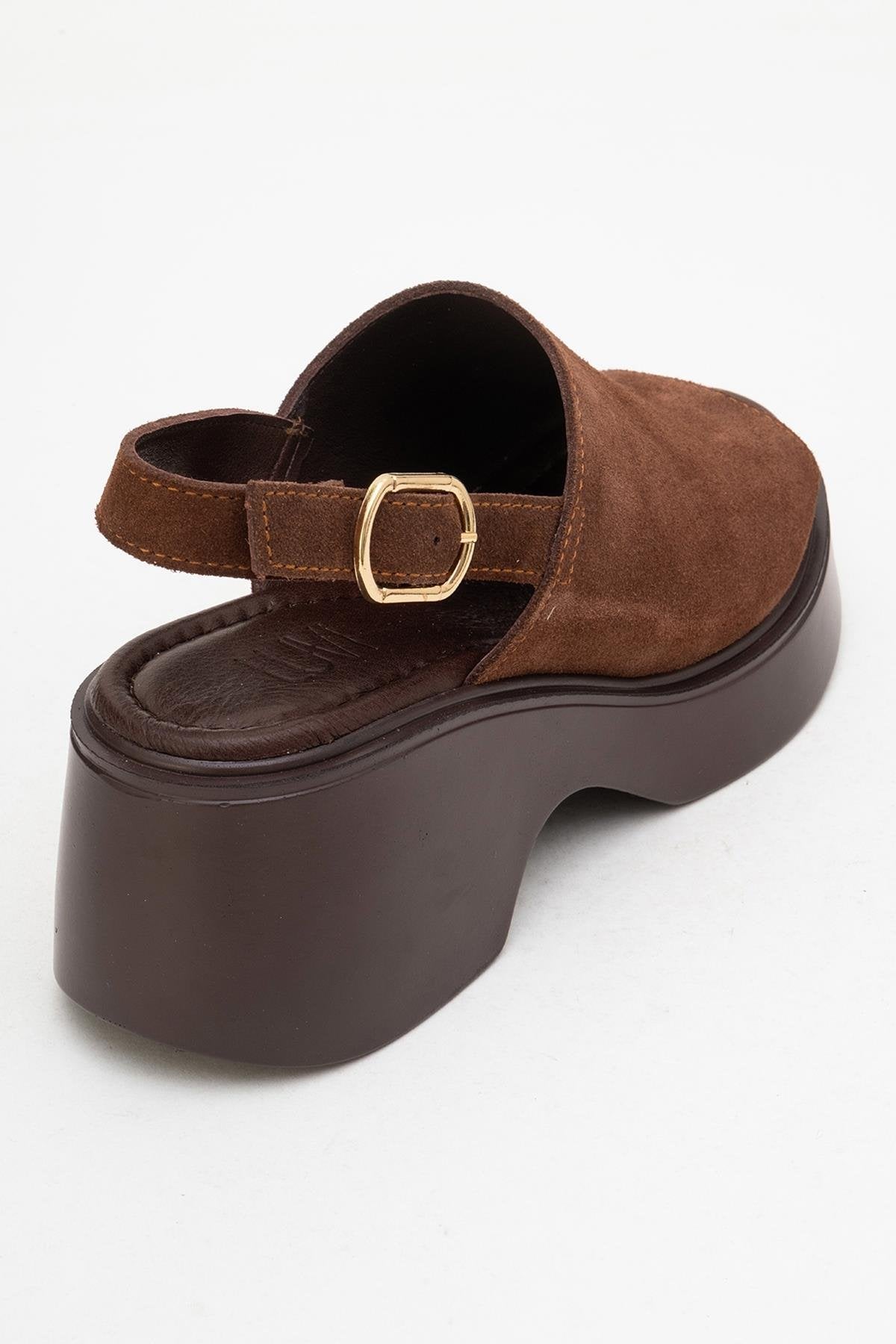 Power - Brown Suede Leather Platform Wedges – back view showing leather, suede, Vowalisse