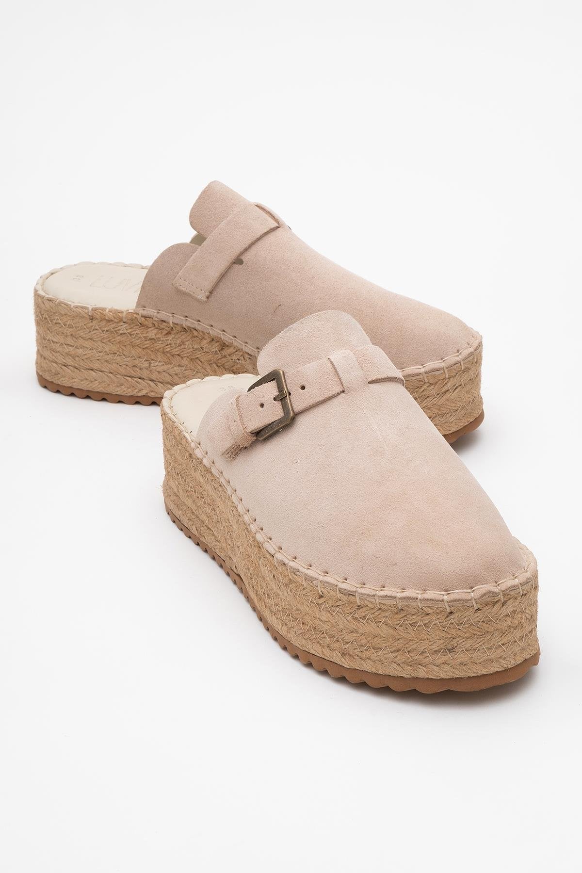 Novas - Beige Suede Leather Platform Espadrille Mule – front three-quarter view showing leather, suede, red, Vowalisse