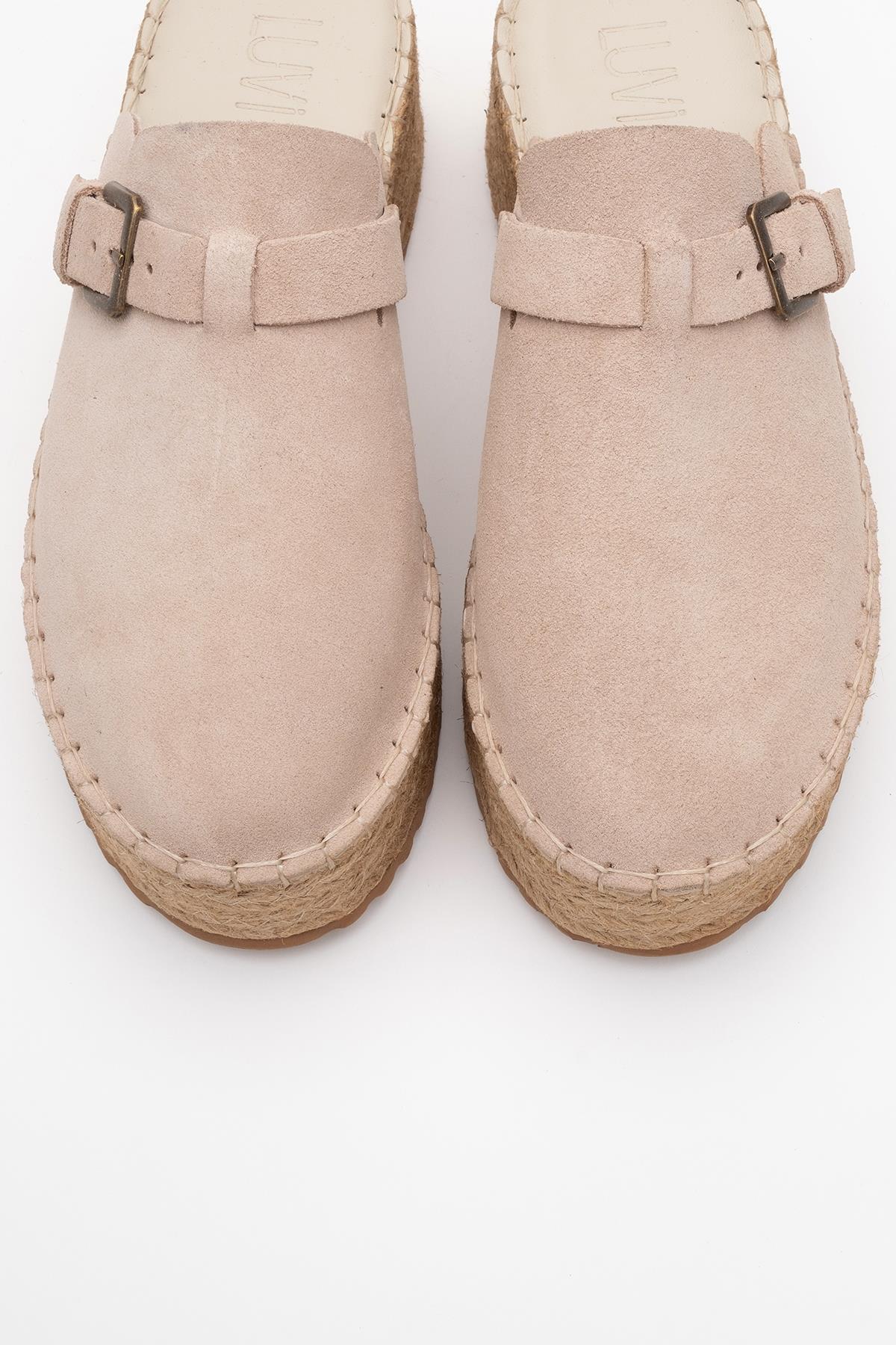 Novas - Beige Suede Leather Platform Espadrille Mule – side view showing leather, suede, red, Vowalisse
