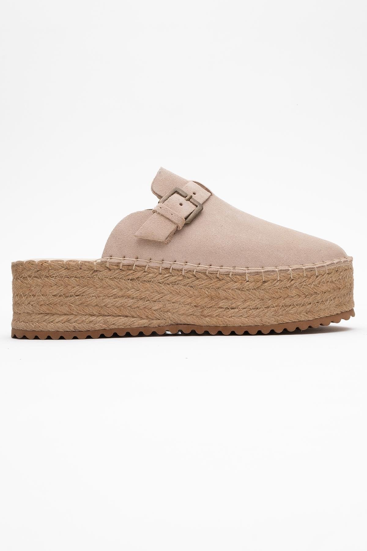Novas - Beige Suede Leather Platform Espadrille Mule – top view showing leather, suede, red, Vowalisse