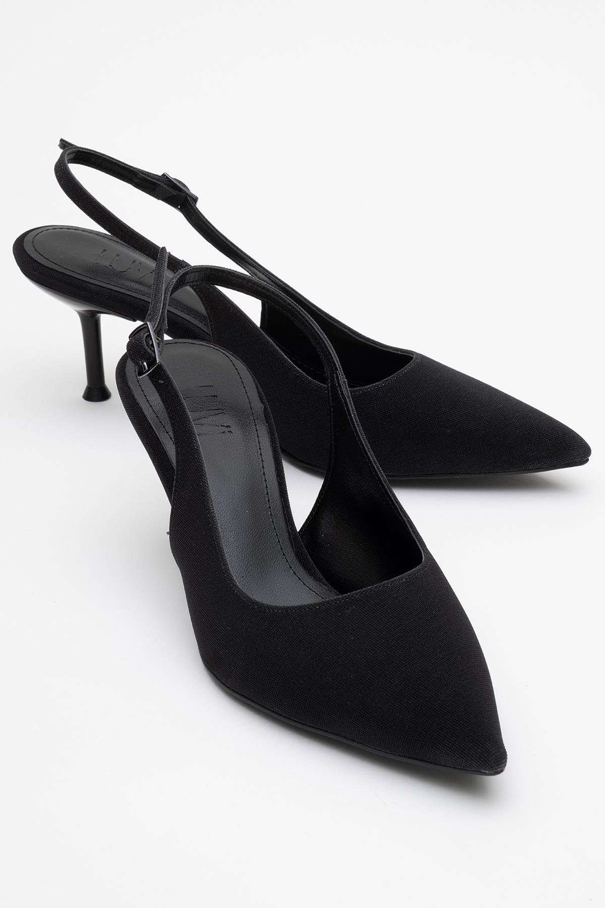 Caisa - Black Glitter Slingback Pointed Toe Pump – front three-quarter view showing leather, glitter, black, Vowalisse