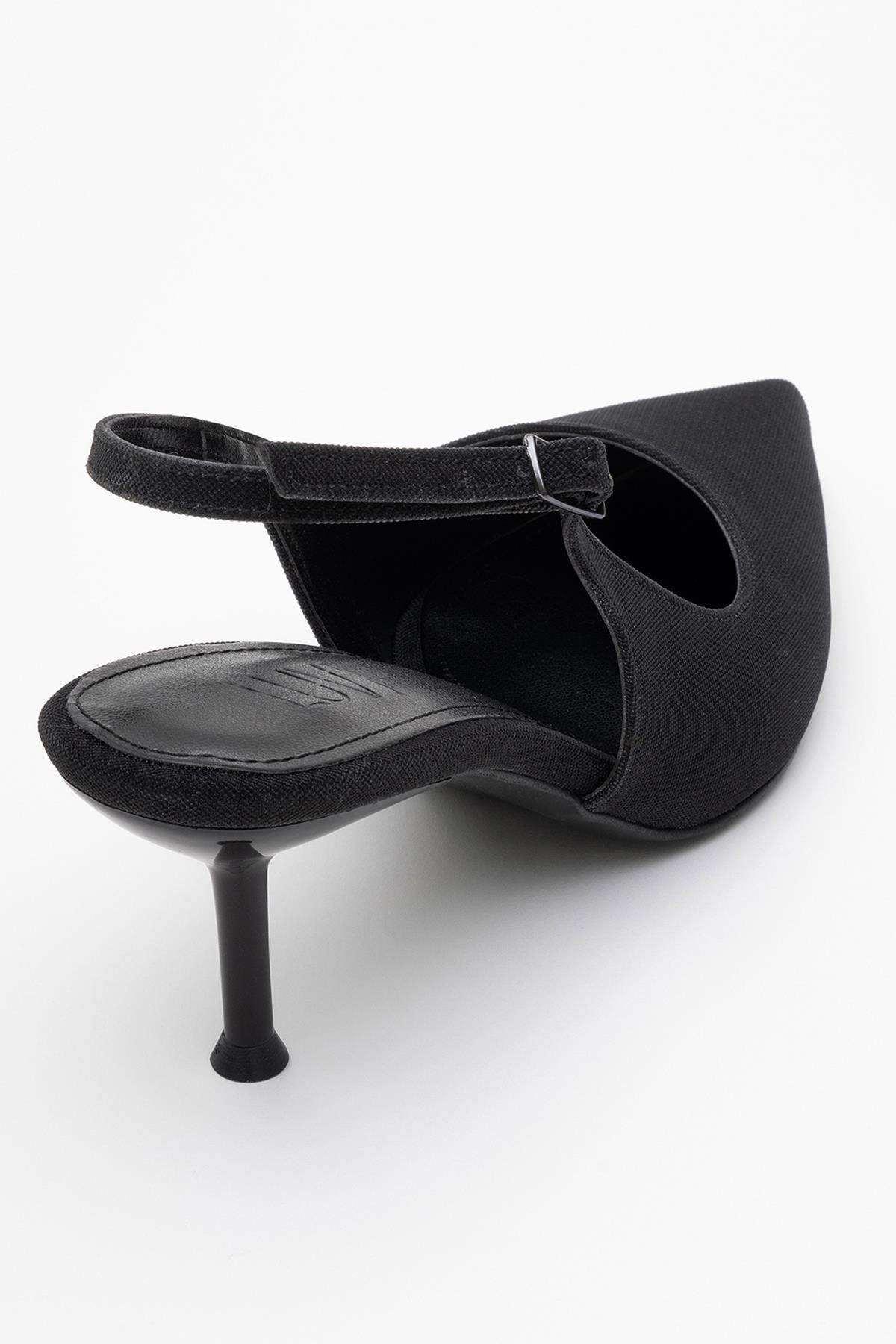 Caisa - Black Glitter Slingback Pointed Toe Pump – back view showing leather, glitter, black, Vowalisse
