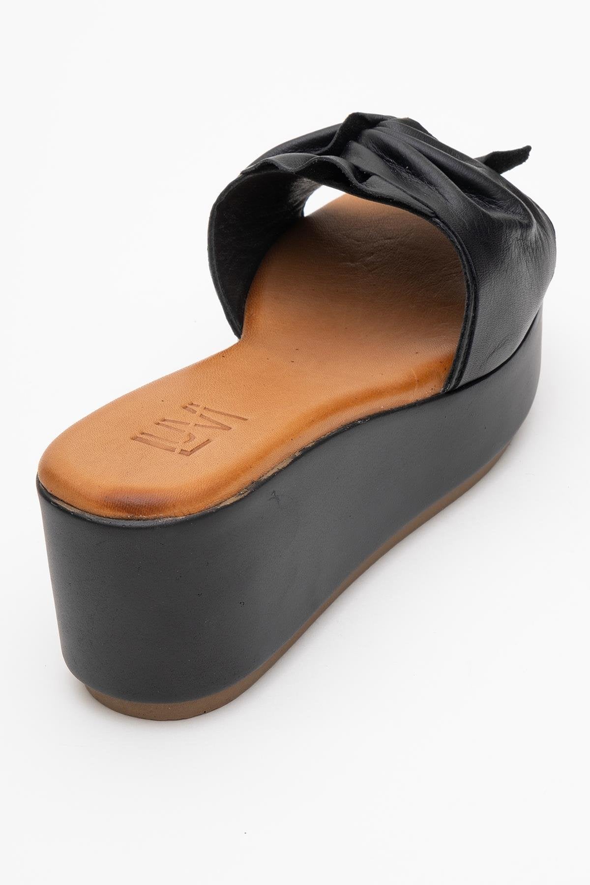Syndra - Black Bow Wedge Leather Sandal – back view showing bow, leather, black, Vowalisse