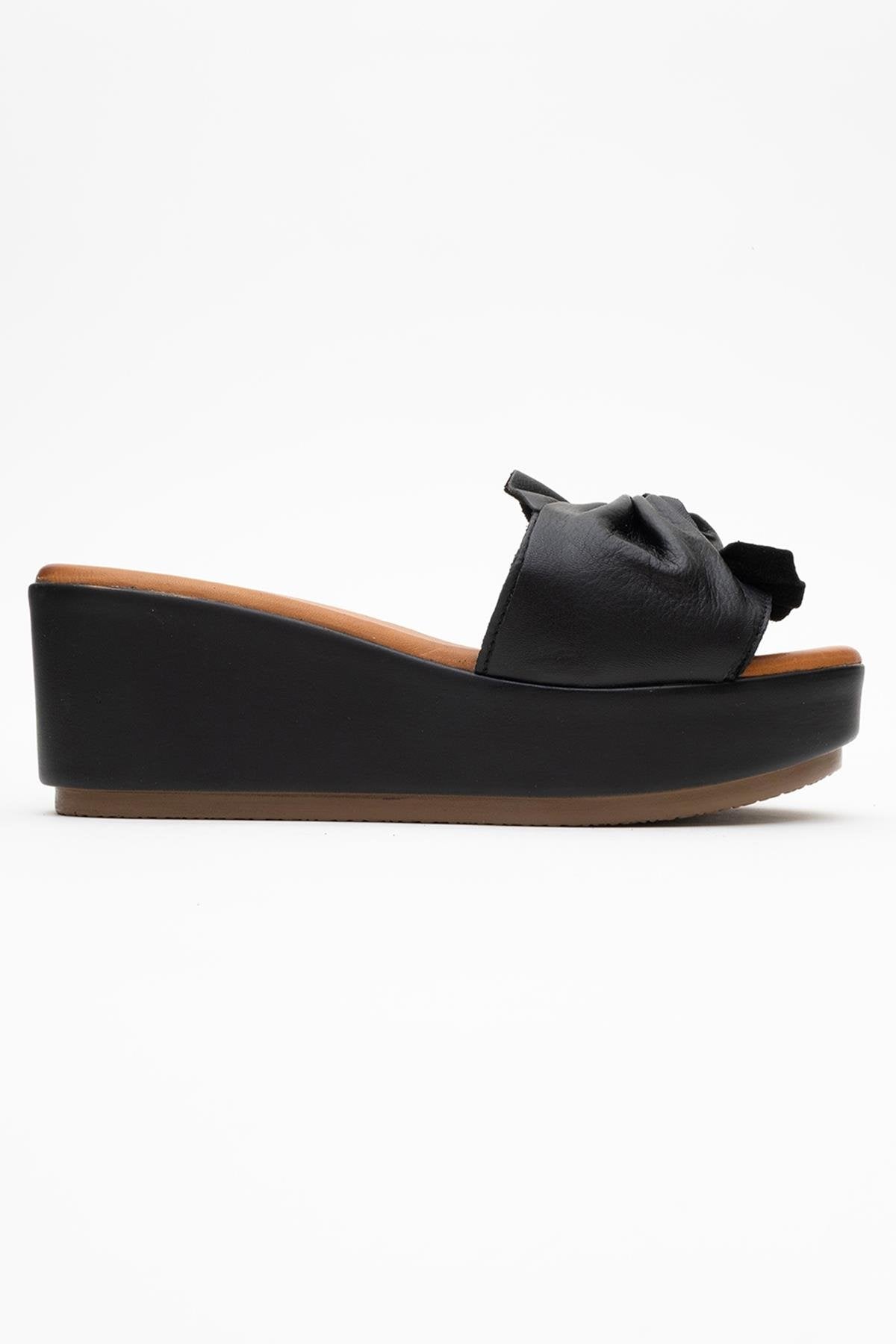 Syndra - Black Bow Wedge Leather Sandal – top view showing bow, leather, black, Vowalisse