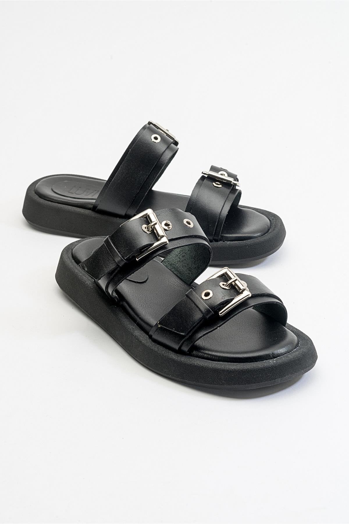 Finezza - Black Leather Two-Strap Sandal – front three-quarter view showing crystal, leather, black, Vowalisse