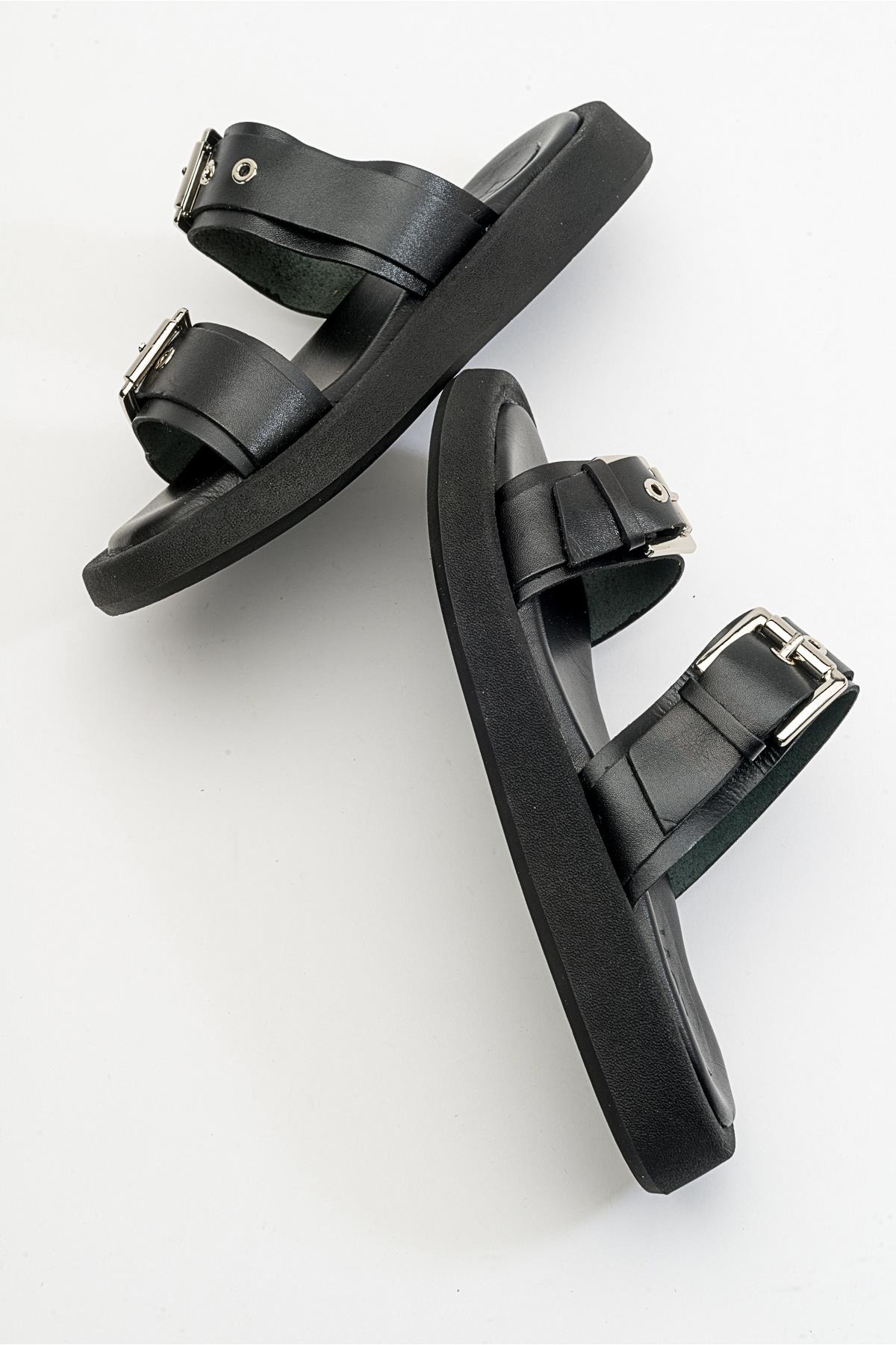 Finezza - Black Leather Two-Strap Sandal – heel view showing crystal, leather, black, Vowalisse