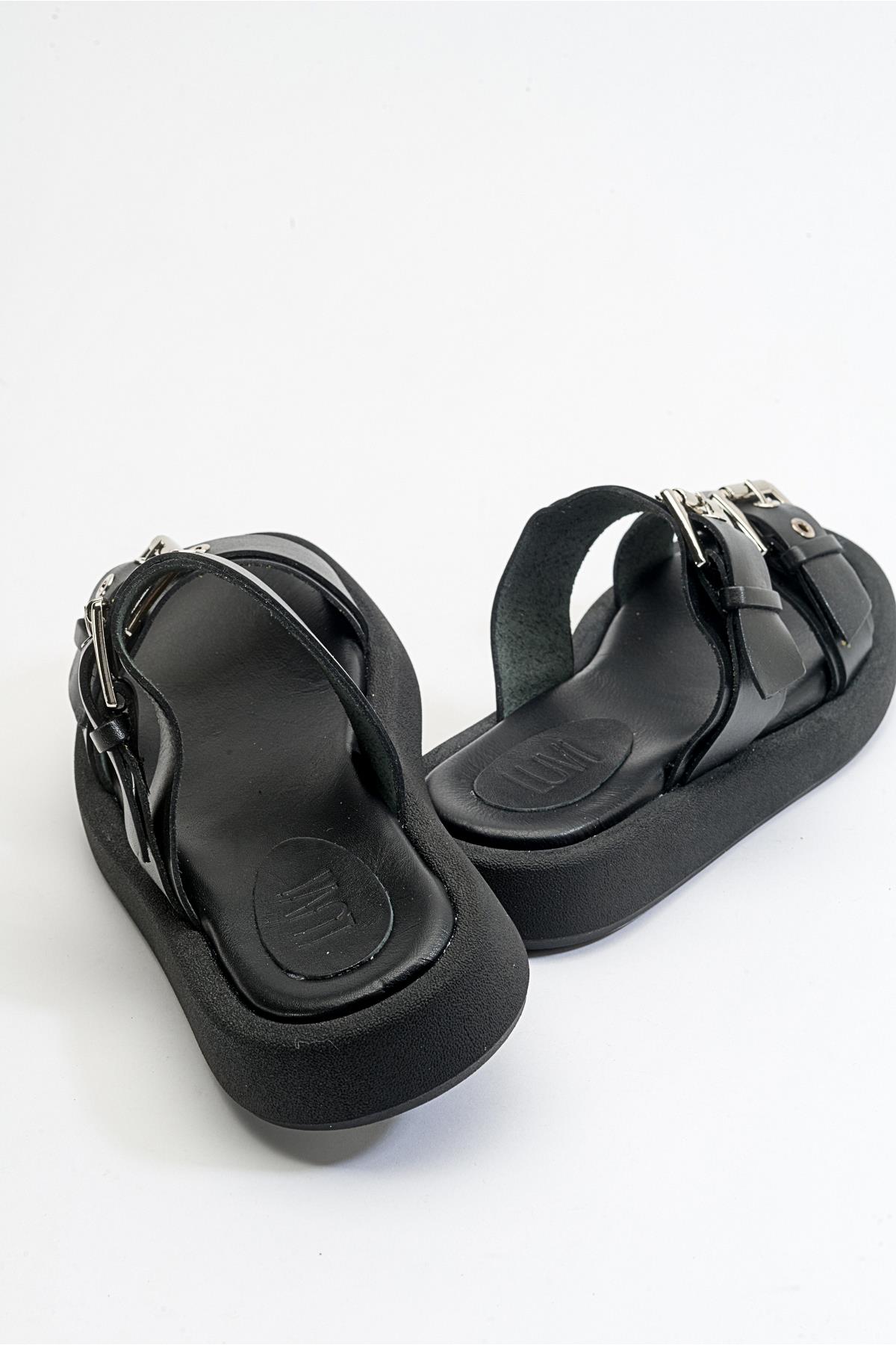 Finezza - Black Leather Two-Strap Sandal – top view showing crystal, leather, black, Vowalisse