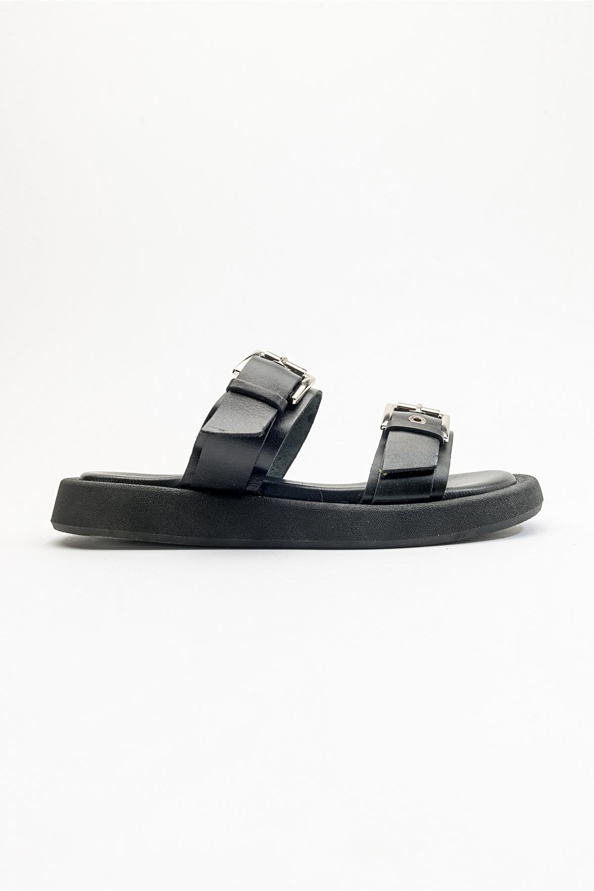 Finezza - Black Leather Two-Strap Sandal – sole view showing crystal, leather, black, Vowalisse