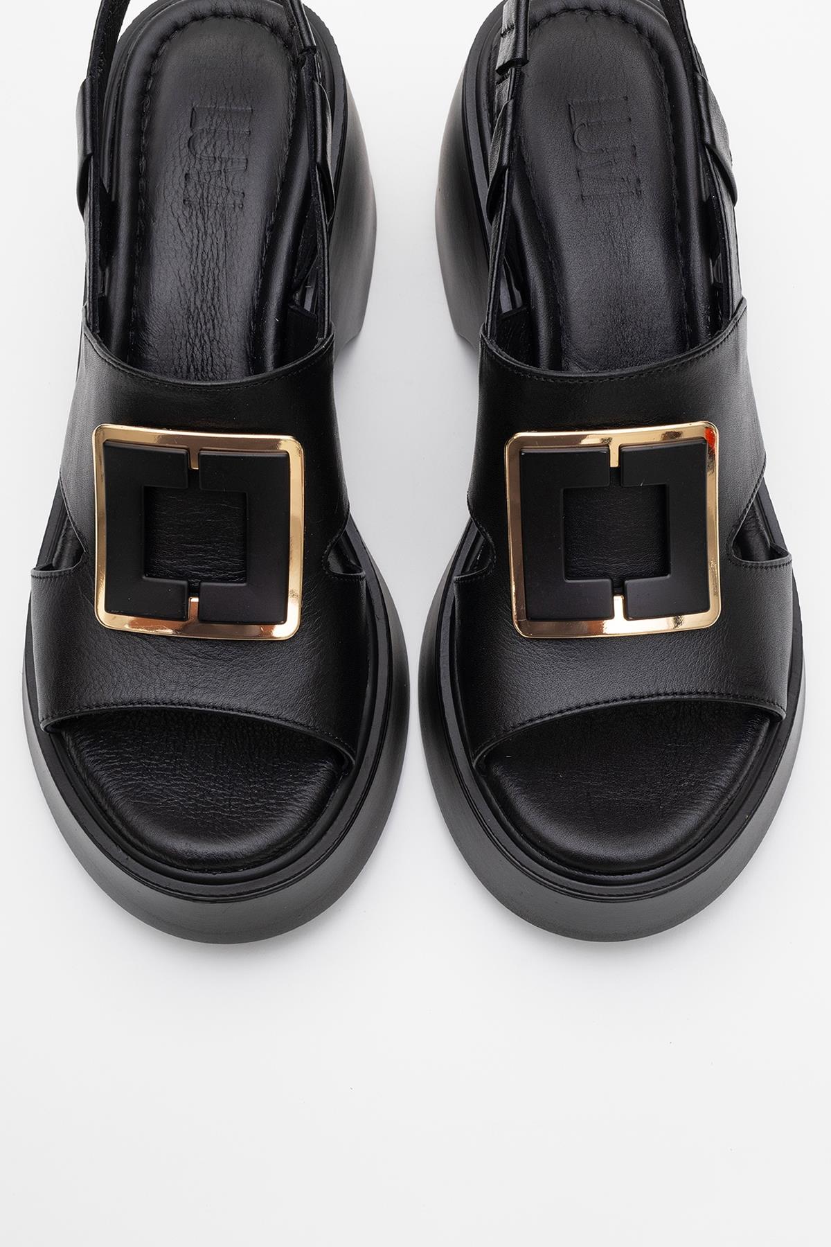 Lucıa - Black Genuine Leather Block Heel Sandal – side view showing leather, black, Vowalisse