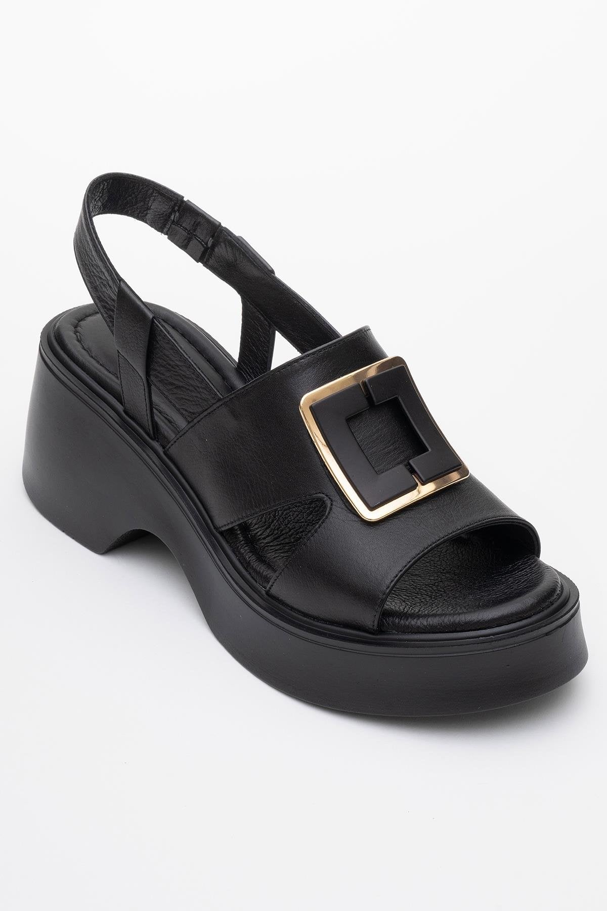 Lucıa - Black Genuine Leather Block Heel Sandal – detail view showing leather, black, Vowalisse