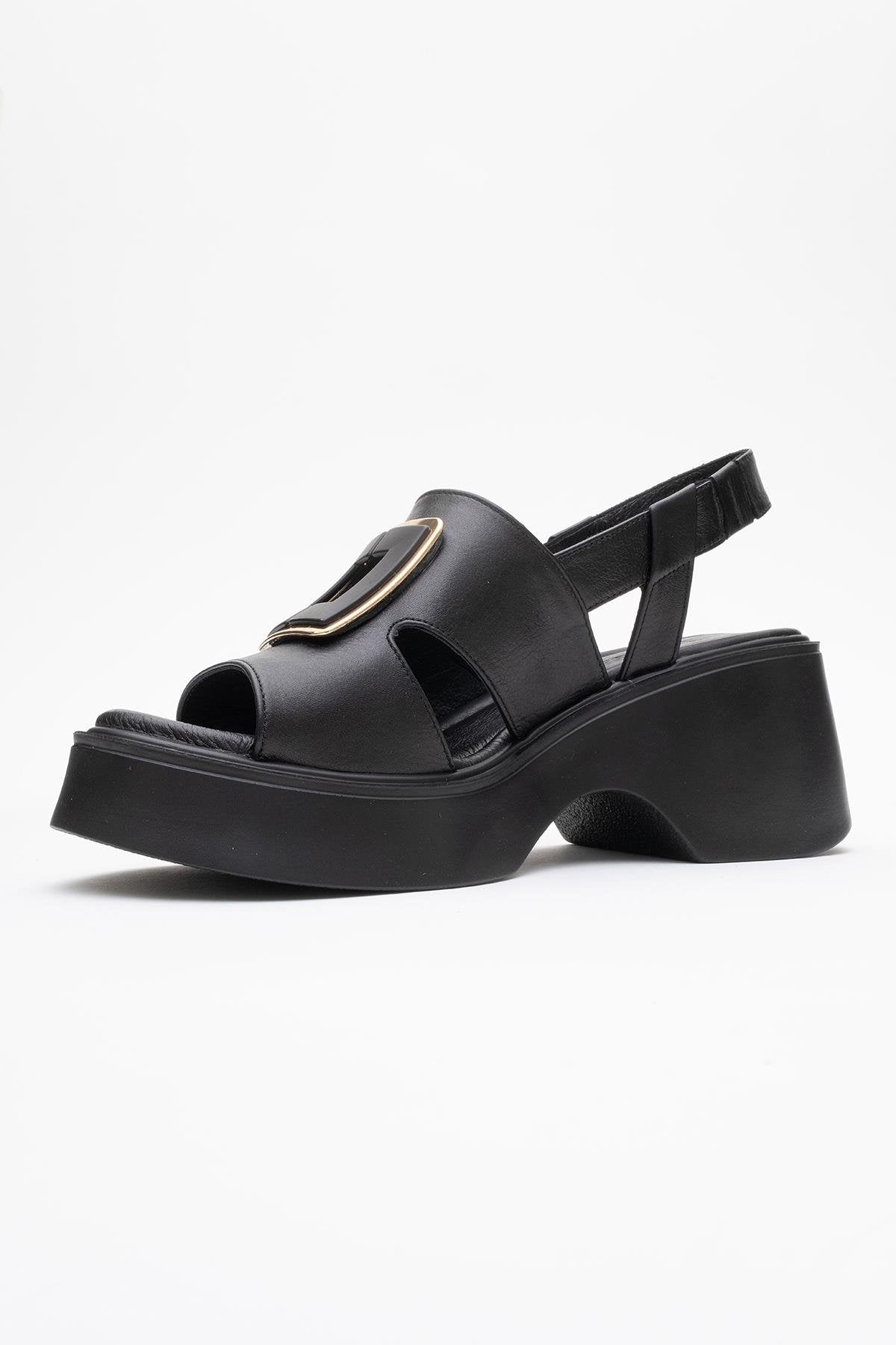 Lucıa - Black Genuine Leather Block Heel Sandal – heel view showing leather, black, Vowalisse
