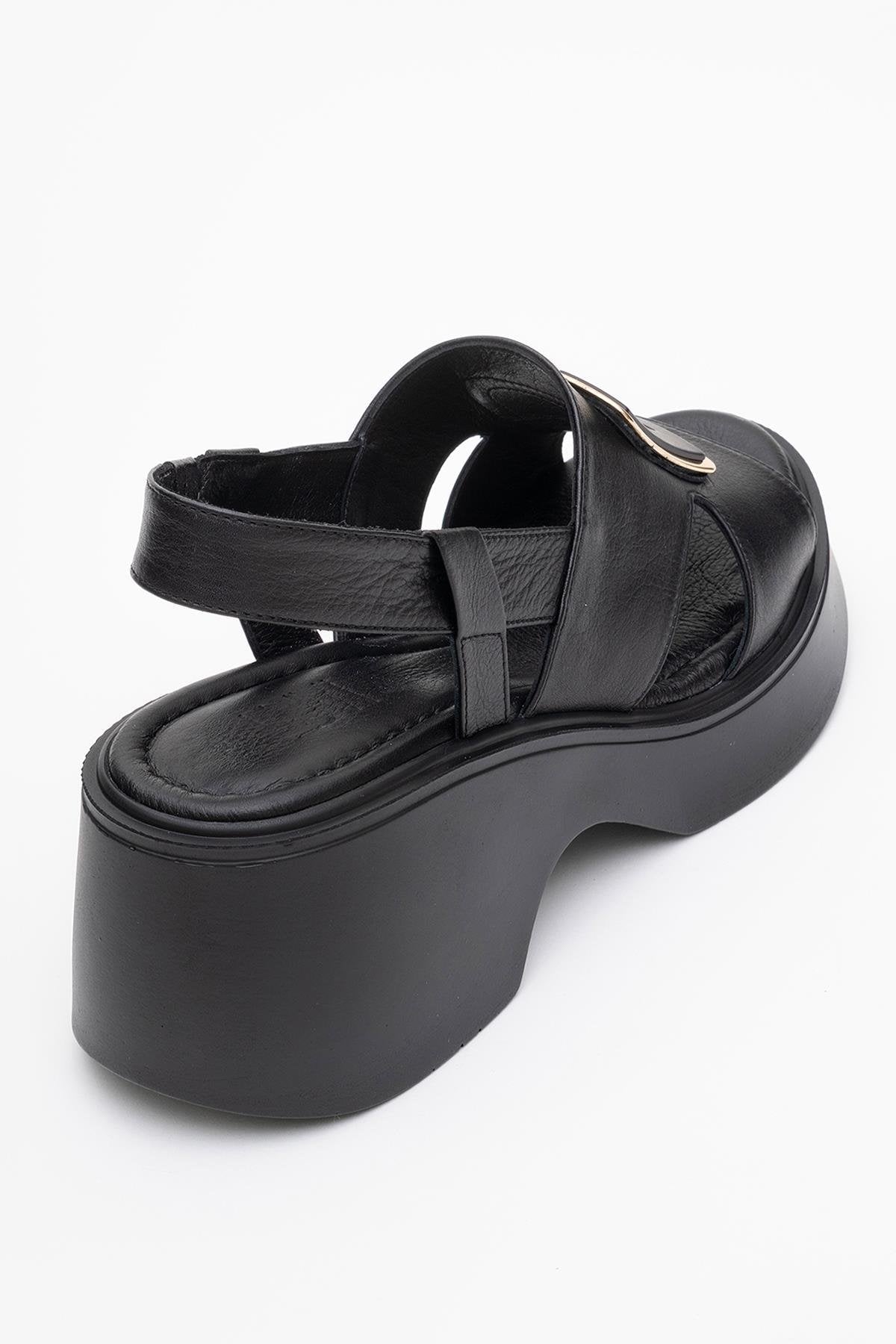Lucıa - Black Genuine Leather Block Heel Sandal – back view showing leather, black, Vowalisse