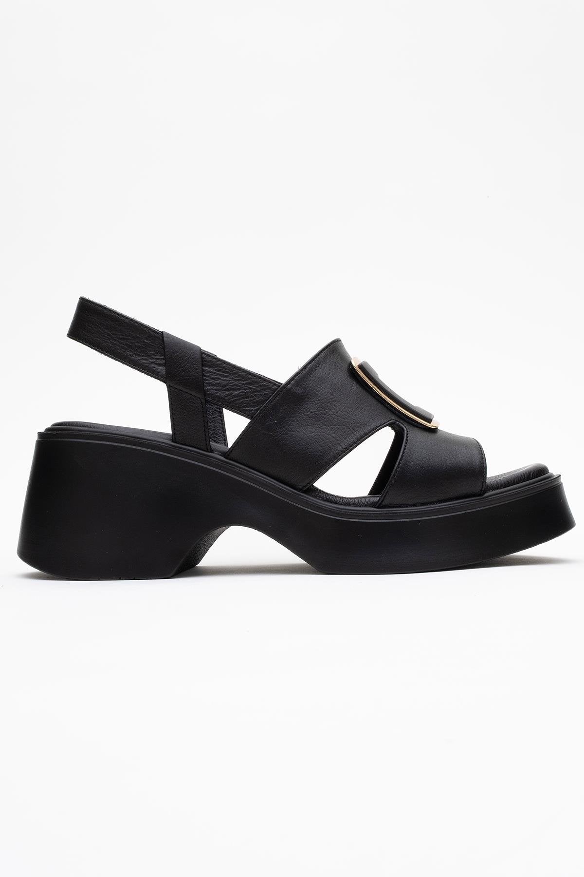 Lucıa - Black Genuine Leather Block Heel Sandal – top view showing leather, black, Vowalisse