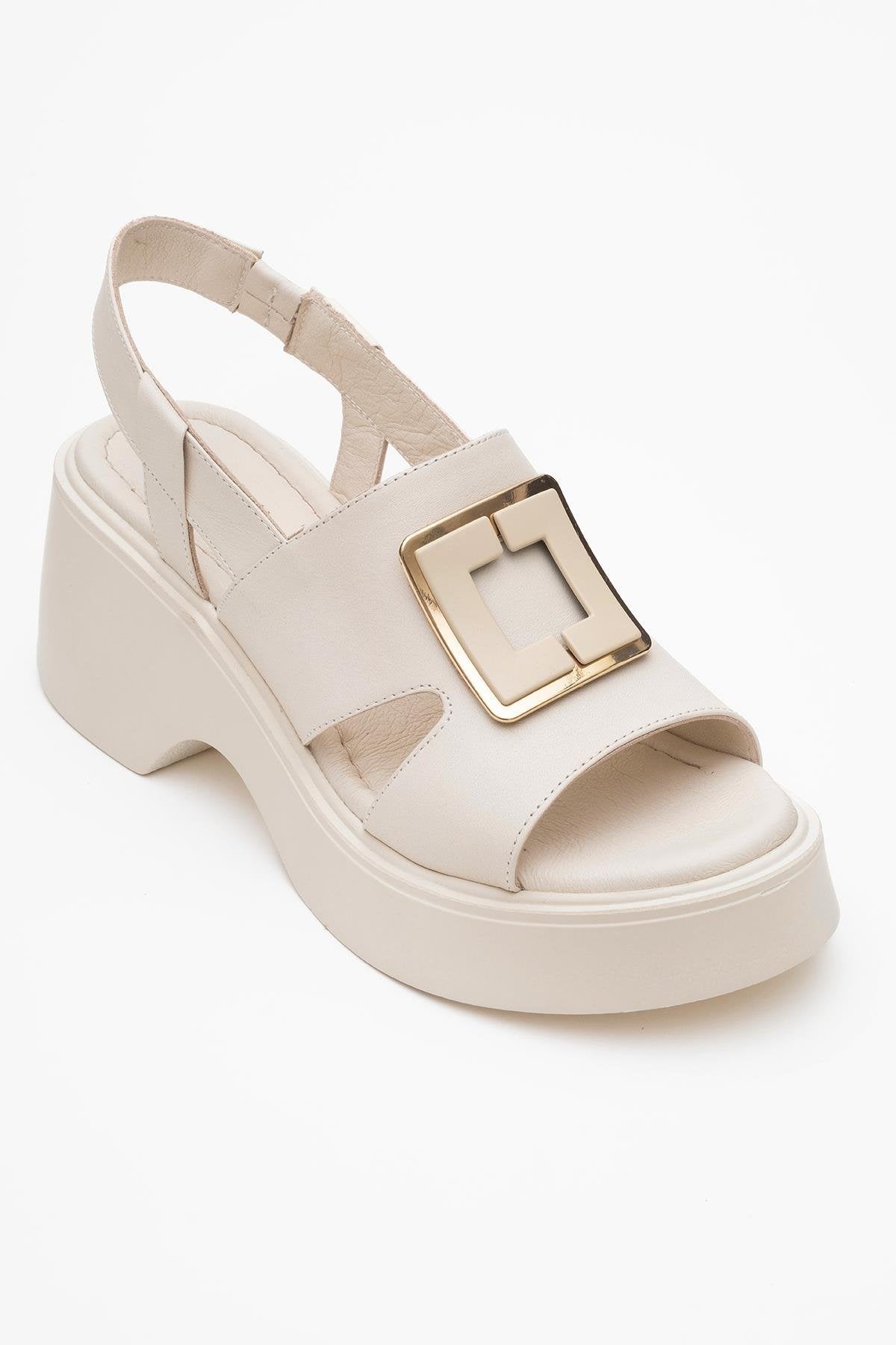 Lucia Beige Leather Buckle Platform Sandal – detail view showing leather, gold, red, Vowalisse