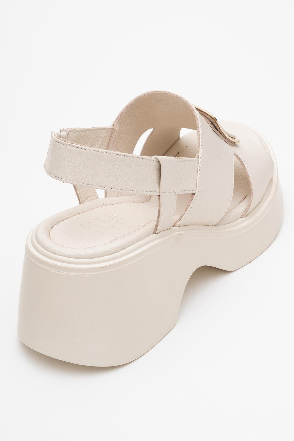 Lucia Beige Leather Buckle Platform Sandal – back view showing leather, gold, red, Vowalisse