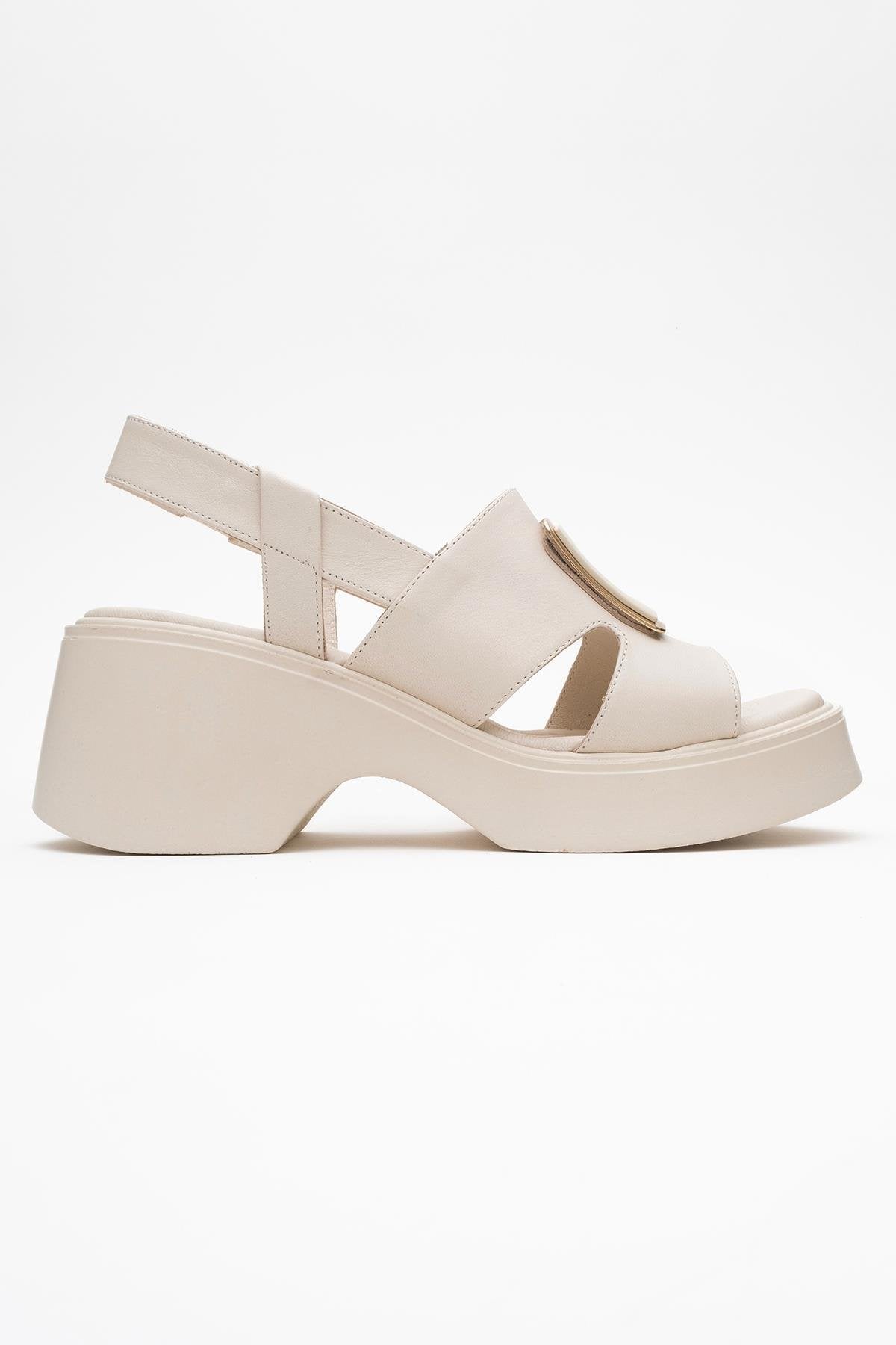 Lucia Beige Leather Buckle Platform Sandal – top view showing leather, gold, red, Vowalisse
