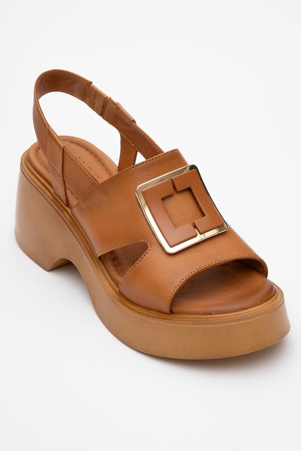 Lucia Cognac Brown Leather Buckle Platform Sandal – detail view showing leather, gold, red, Vowalisse