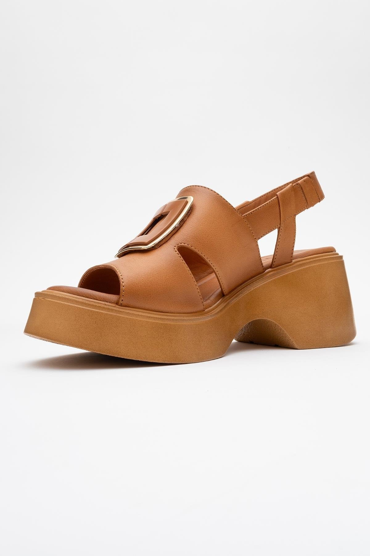 Lucia Cognac Brown Leather Buckle Platform Sandal – heel view showing leather, gold, red, Vowalisse