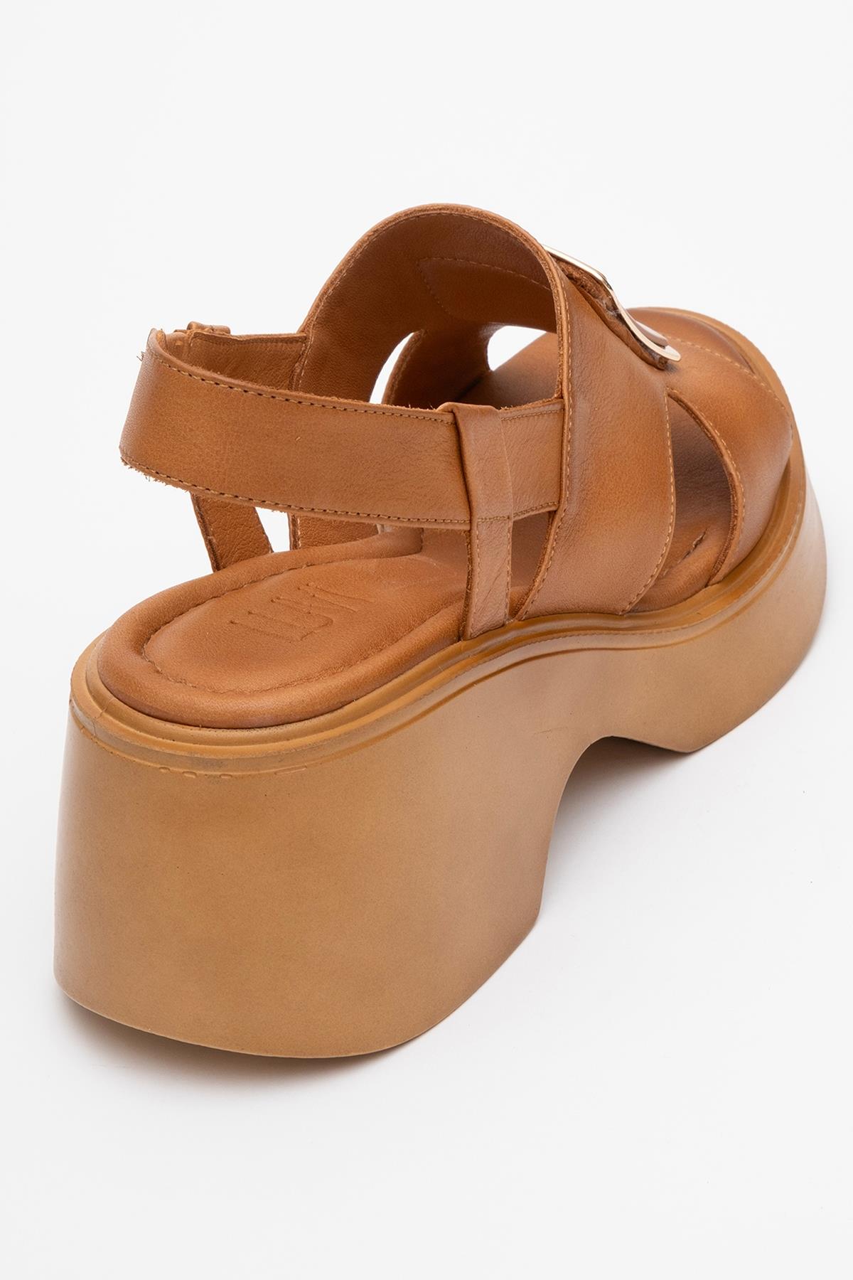 Lucia Cognac Brown Leather Buckle Platform Sandal – back view showing leather, gold, red, Vowalisse