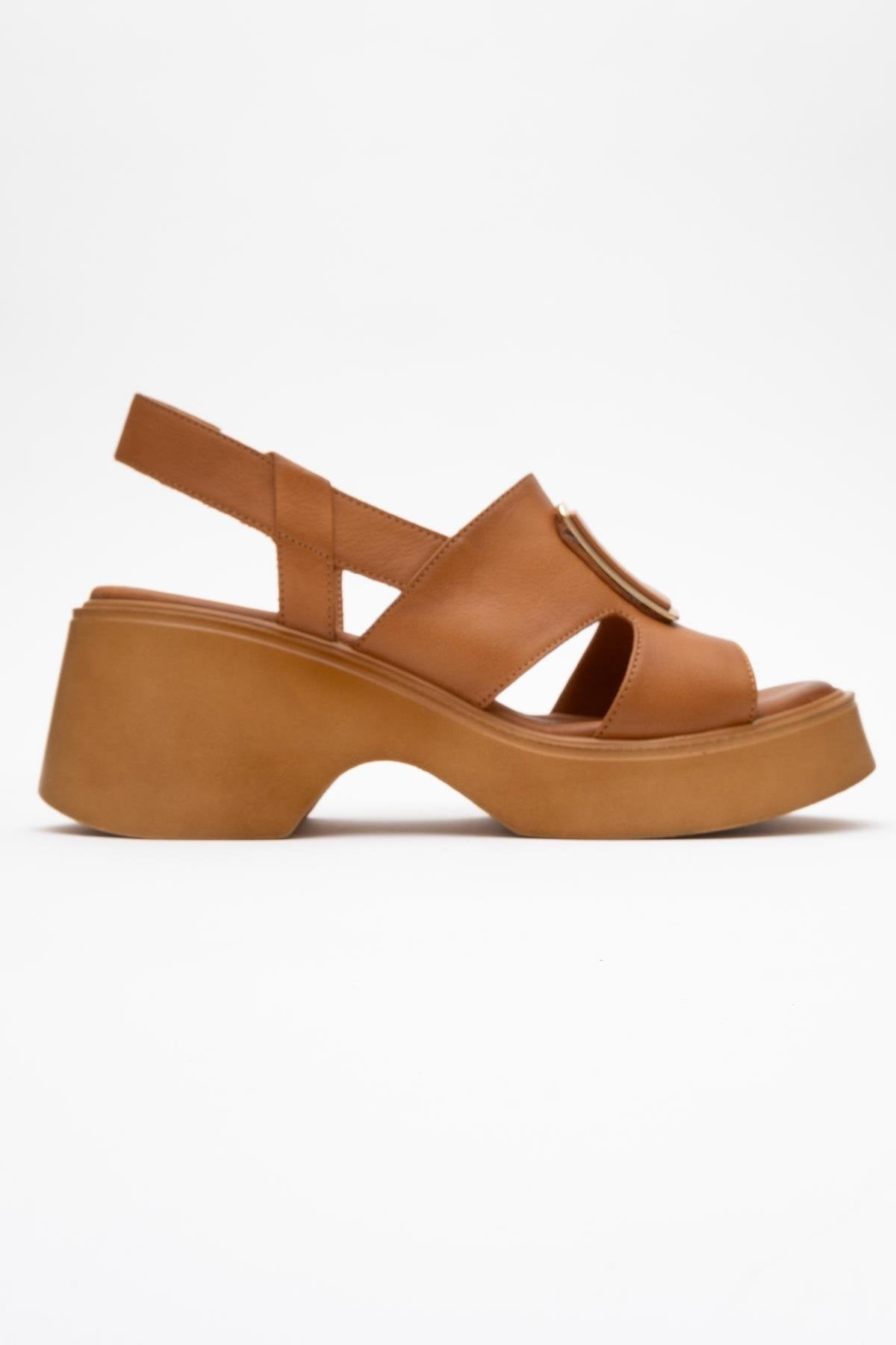 Lucia Cognac Brown Leather Buckle Platform Sandal – top view showing leather, gold, red, Vowalisse