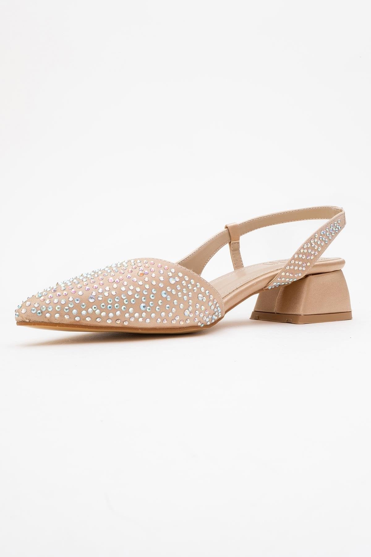 Sella - Beige Satin Jeweled Short Block Heel Shoe – heel view showing satin, leather, Vowalisse