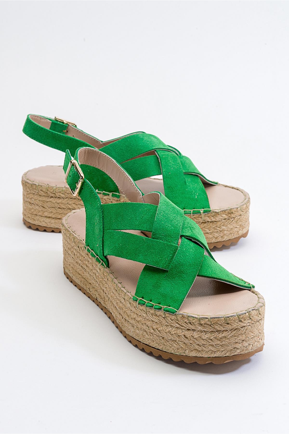 Lontano - Green Suede Leather Platform Sandal – front three-quarter view showing leather, suede, green, Vowalisse