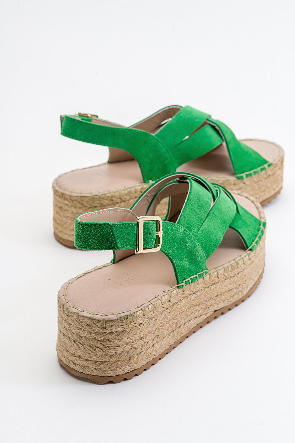 Lontano - Green Suede Leather Platform Sandal – side view showing leather, suede, green, Vowalisse