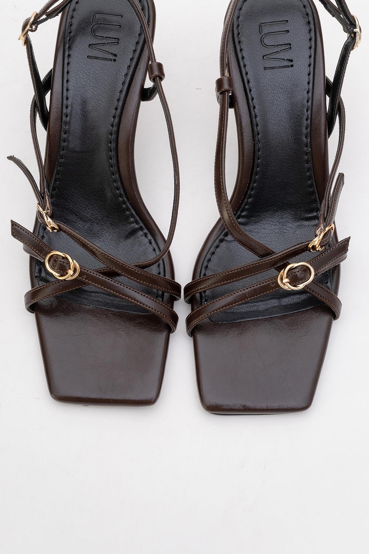Chaka - Brown Buckle Square Toe Heeled Sandal – side view showing leather, Vowalisse