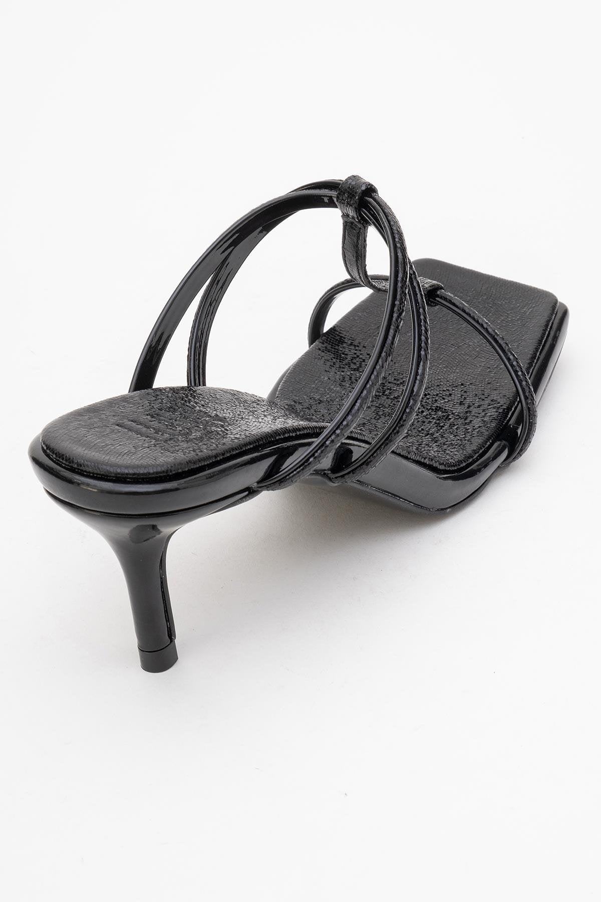 Mocha Black Pattern Square‑Toe Thin‑Strap Heel Sandal – back view showing leather, black, red, Vowalisse