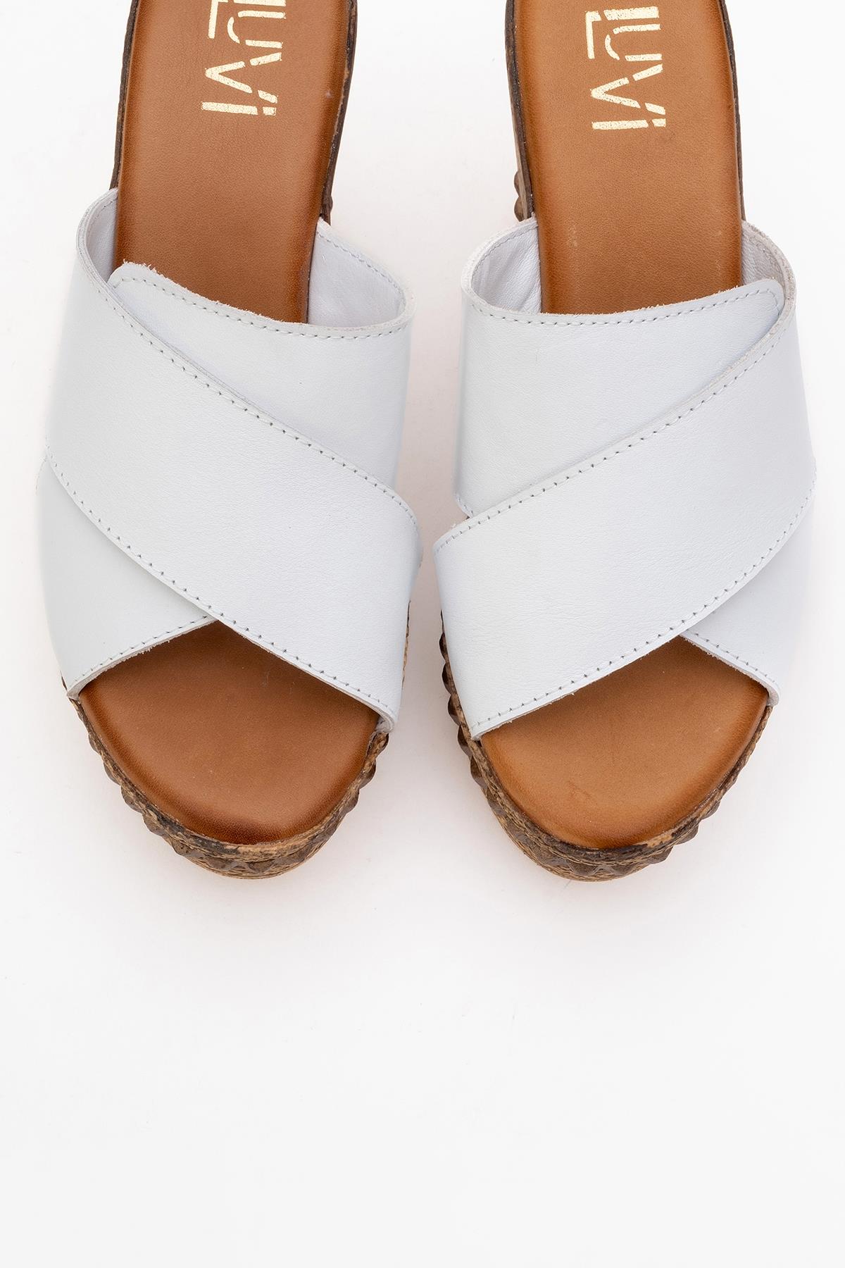 Lois - White Wedge Leather Sandal – side view showing leather, white, Vowalisse