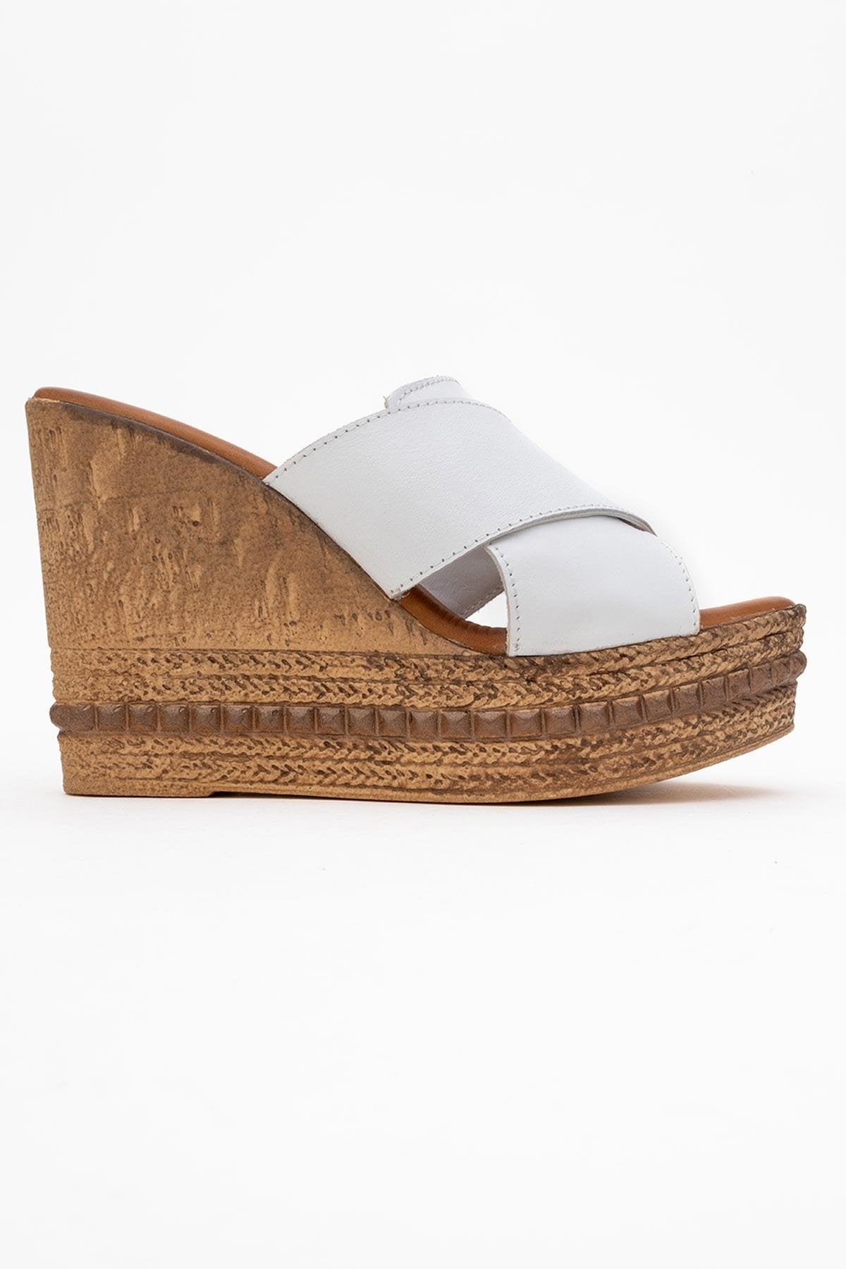 Lois - White Wedge Leather Sandal – top view showing leather, white, Vowalisse