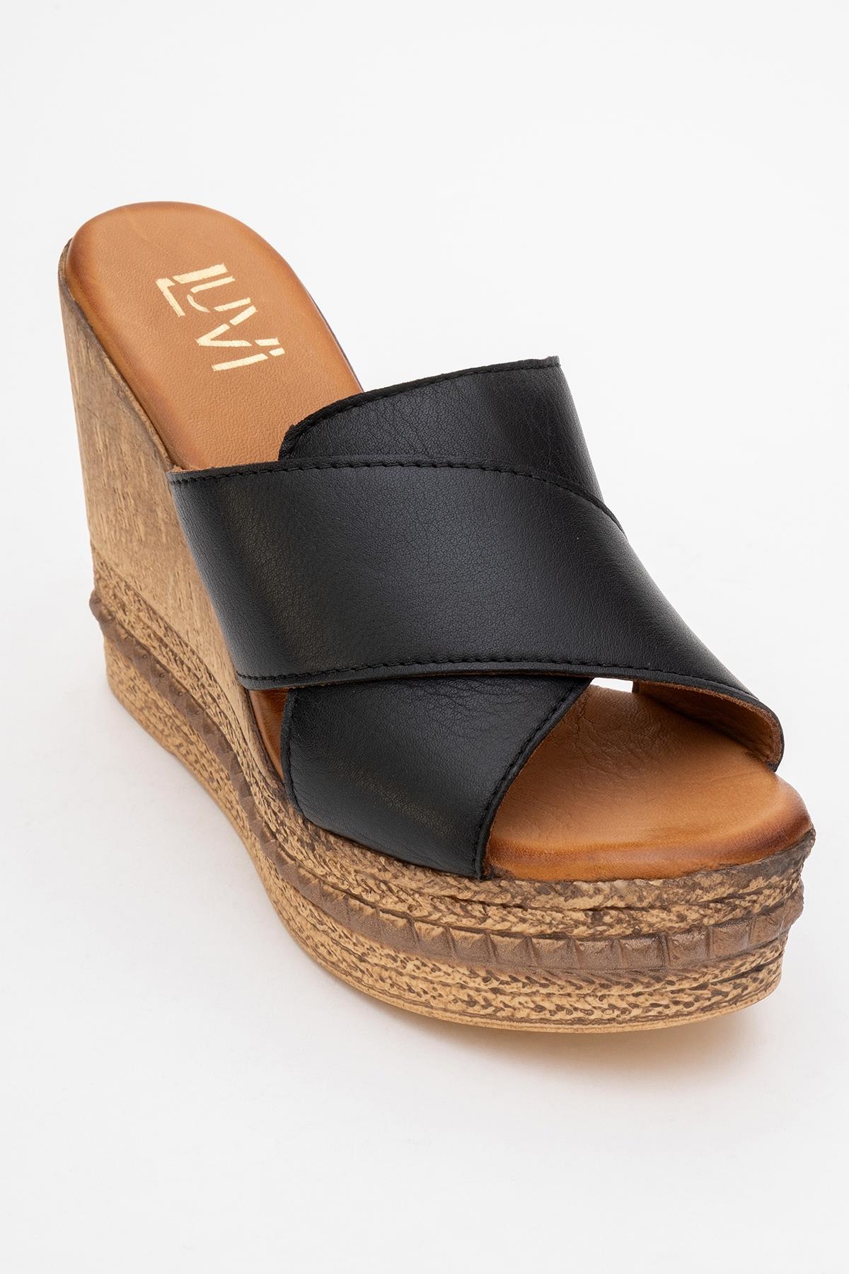Lois - Black Wedge Leather Sandal – detail view showing leather, black, Vowalisse
