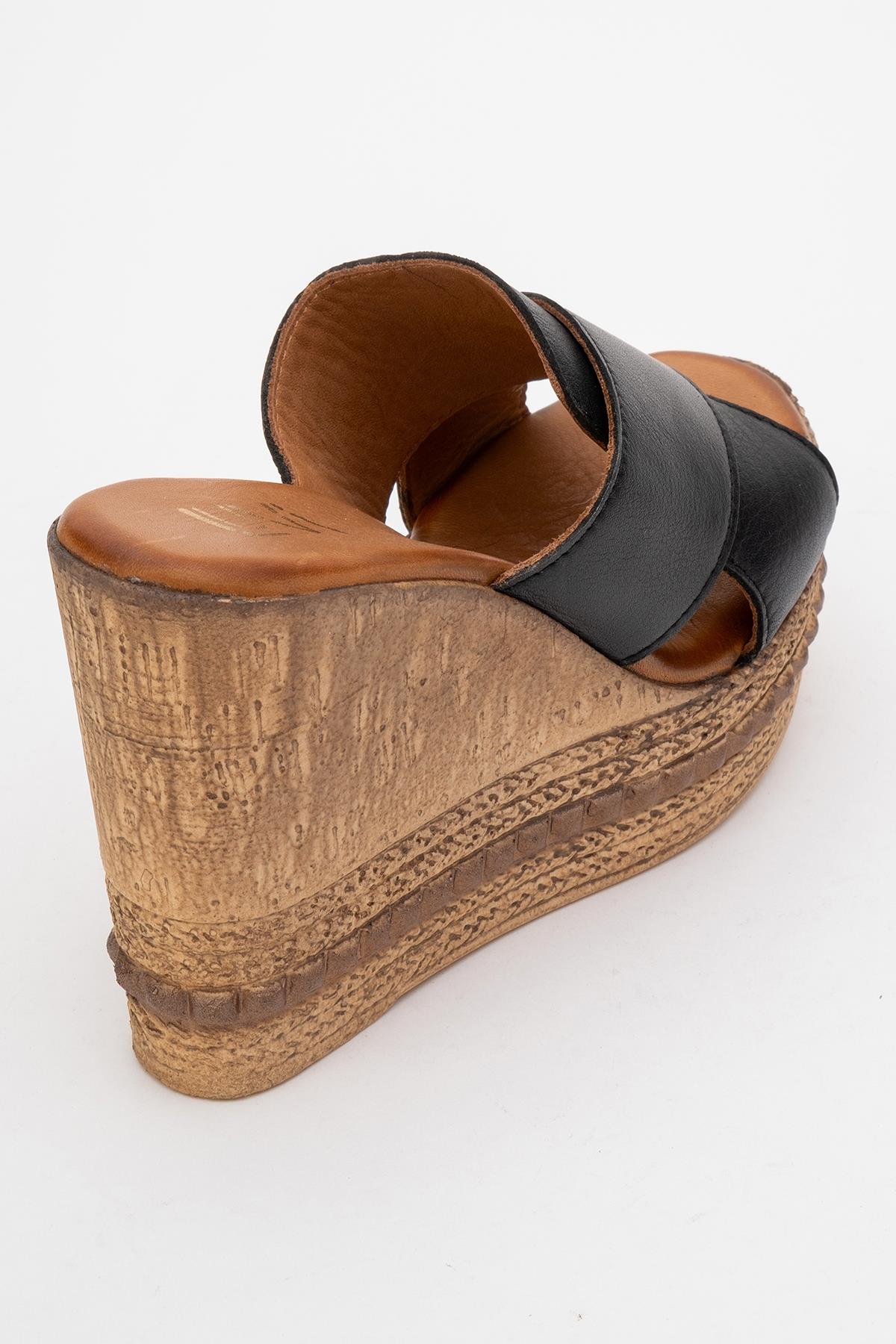 Lois - Black Wedge Leather Sandal – back view showing leather, black, Vowalisse