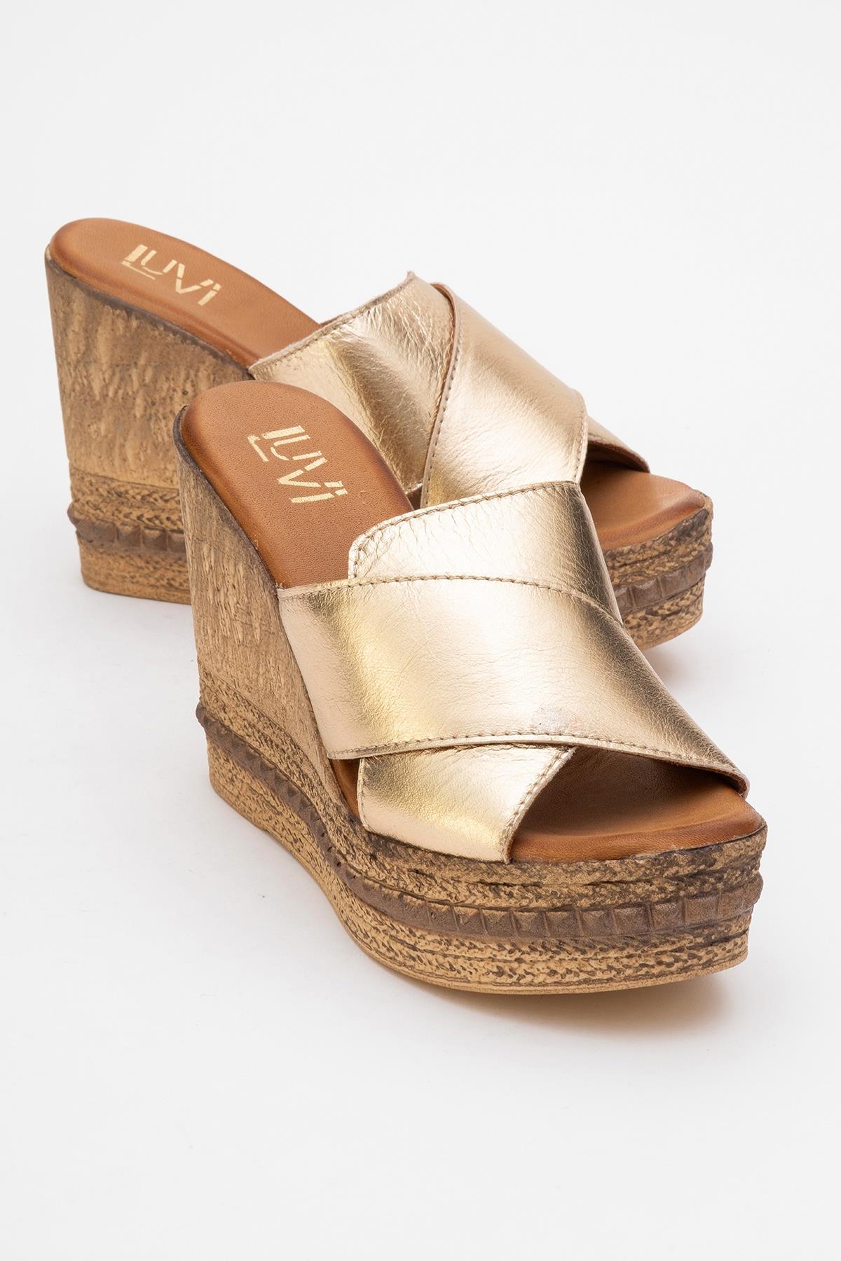 Lois - Gold Wedge Leather Sandal – front three-quarter view showing leather, gold, Vowalisse