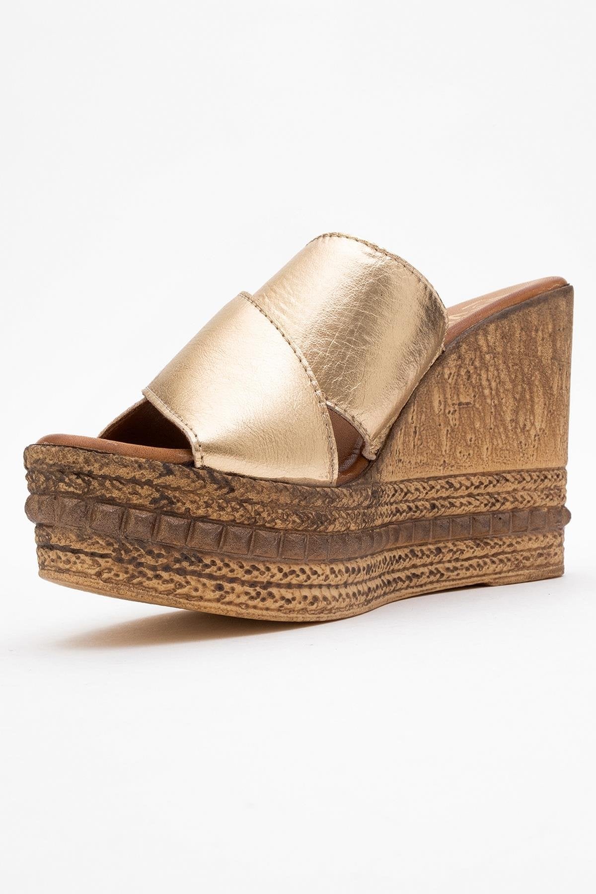 Lois - Gold Wedge Leather Sandal – heel view showing leather, gold, Vowalisse