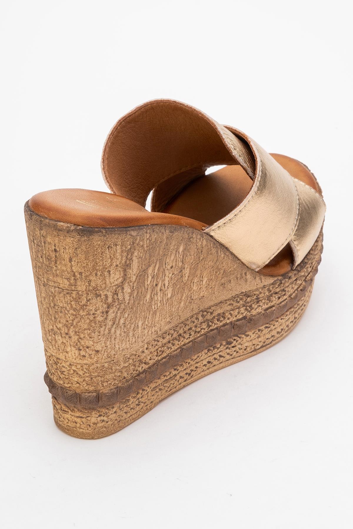 Lois - Gold Wedge Leather Sandal – back view showing leather, gold, Vowalisse