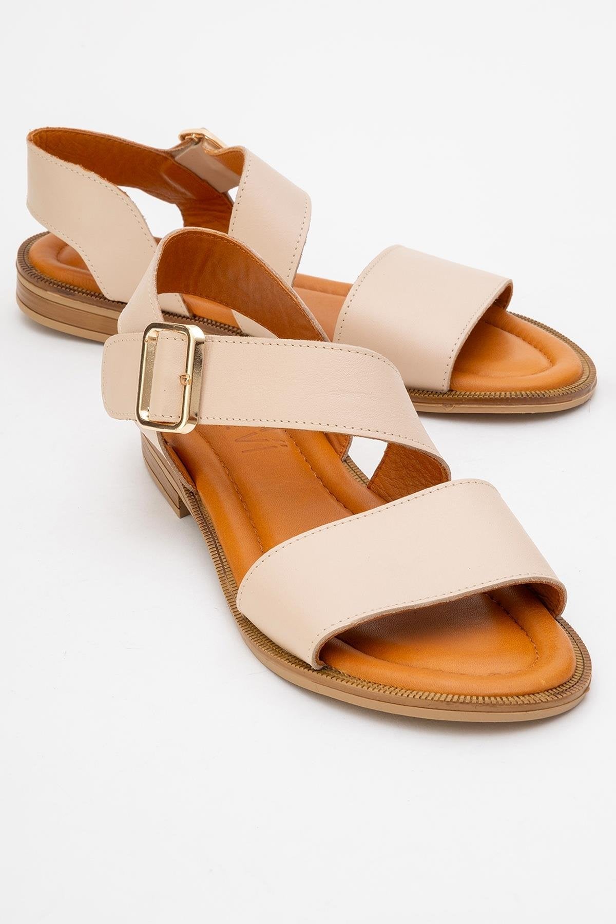 Majesty Beige Leather Sandal – front three-quarter view showing leather, gold, red, Vowalisse